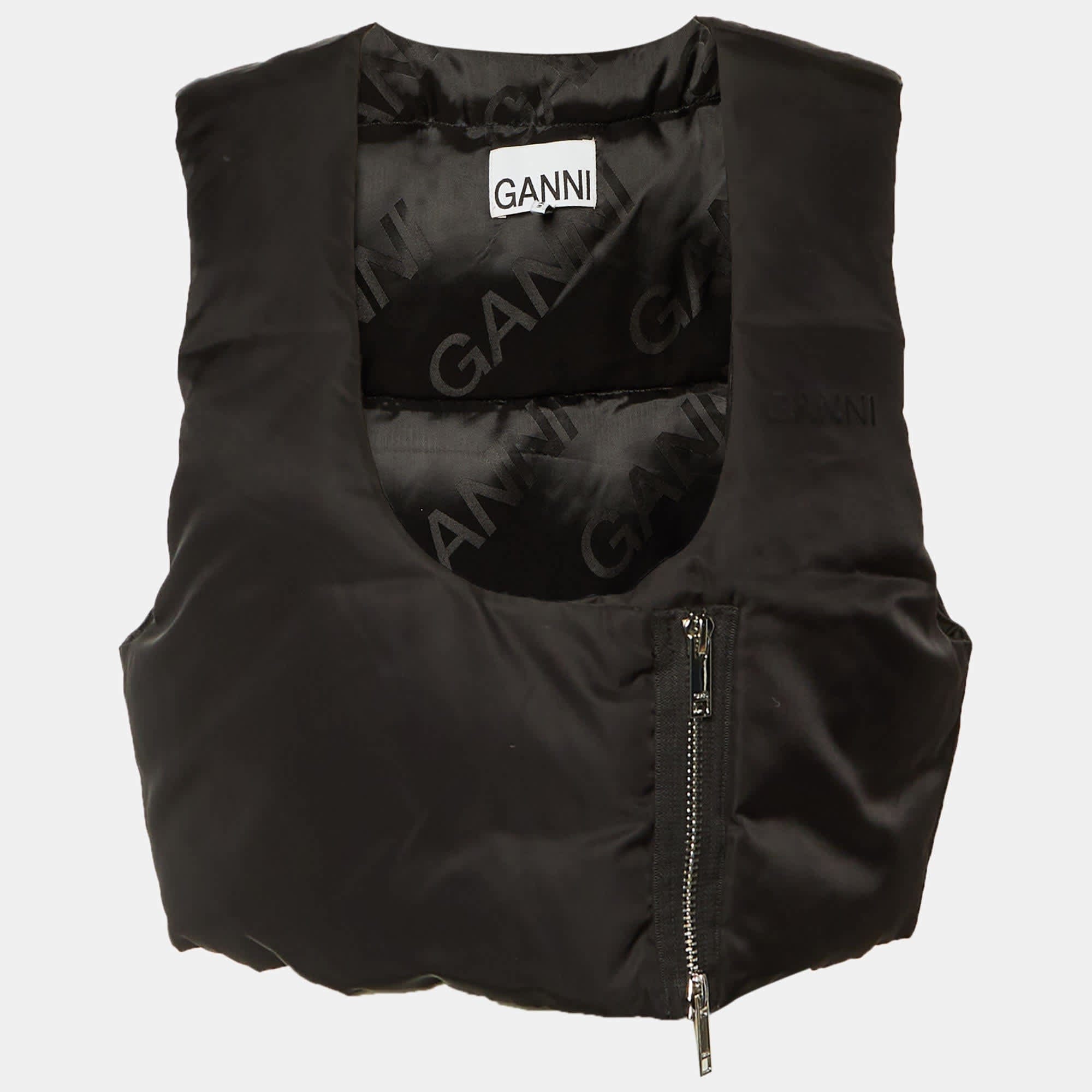 Ganni Black Padded Asymmetric Cropped Vest