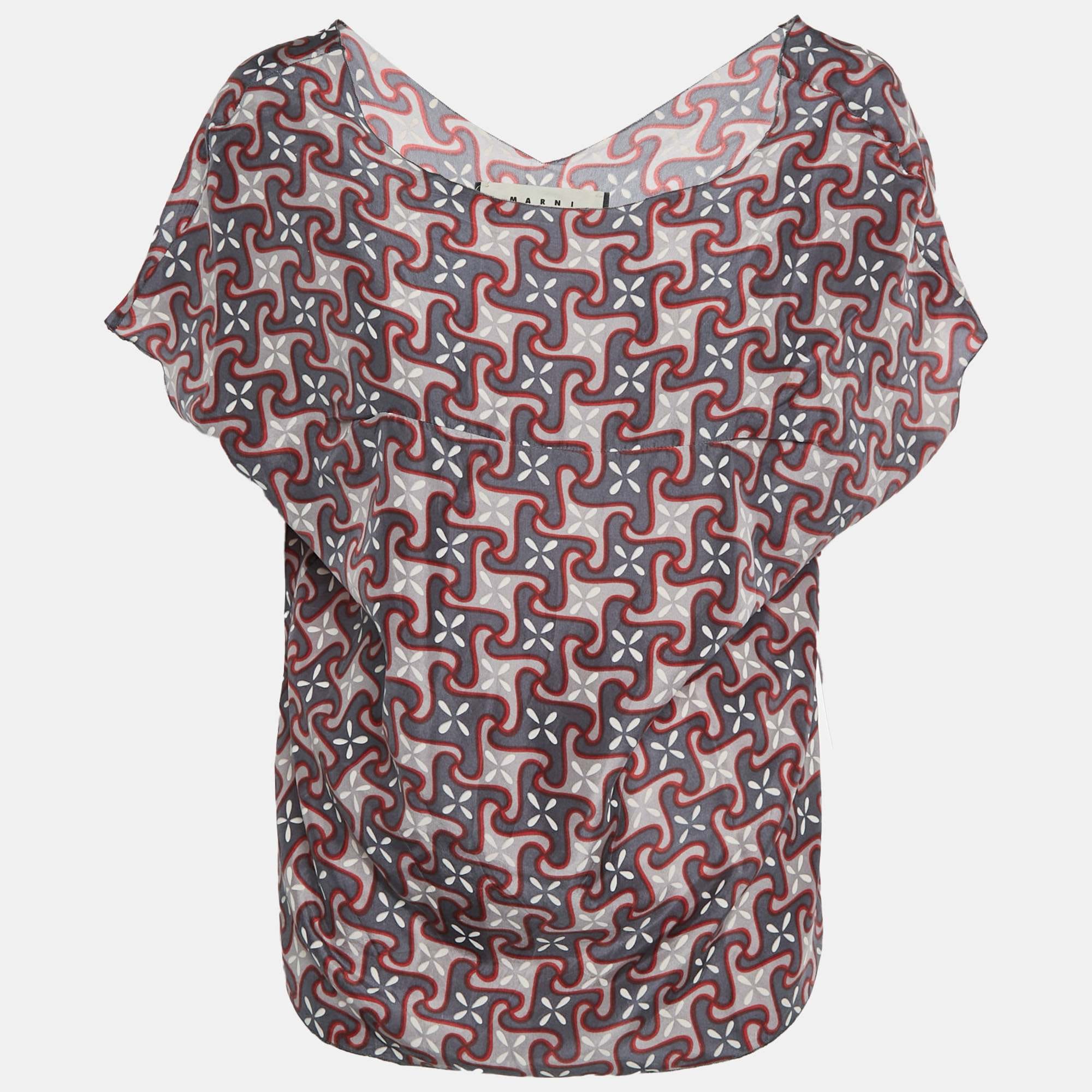 Marni Multicolour Geometric Print Silk Sleeveless Blouse