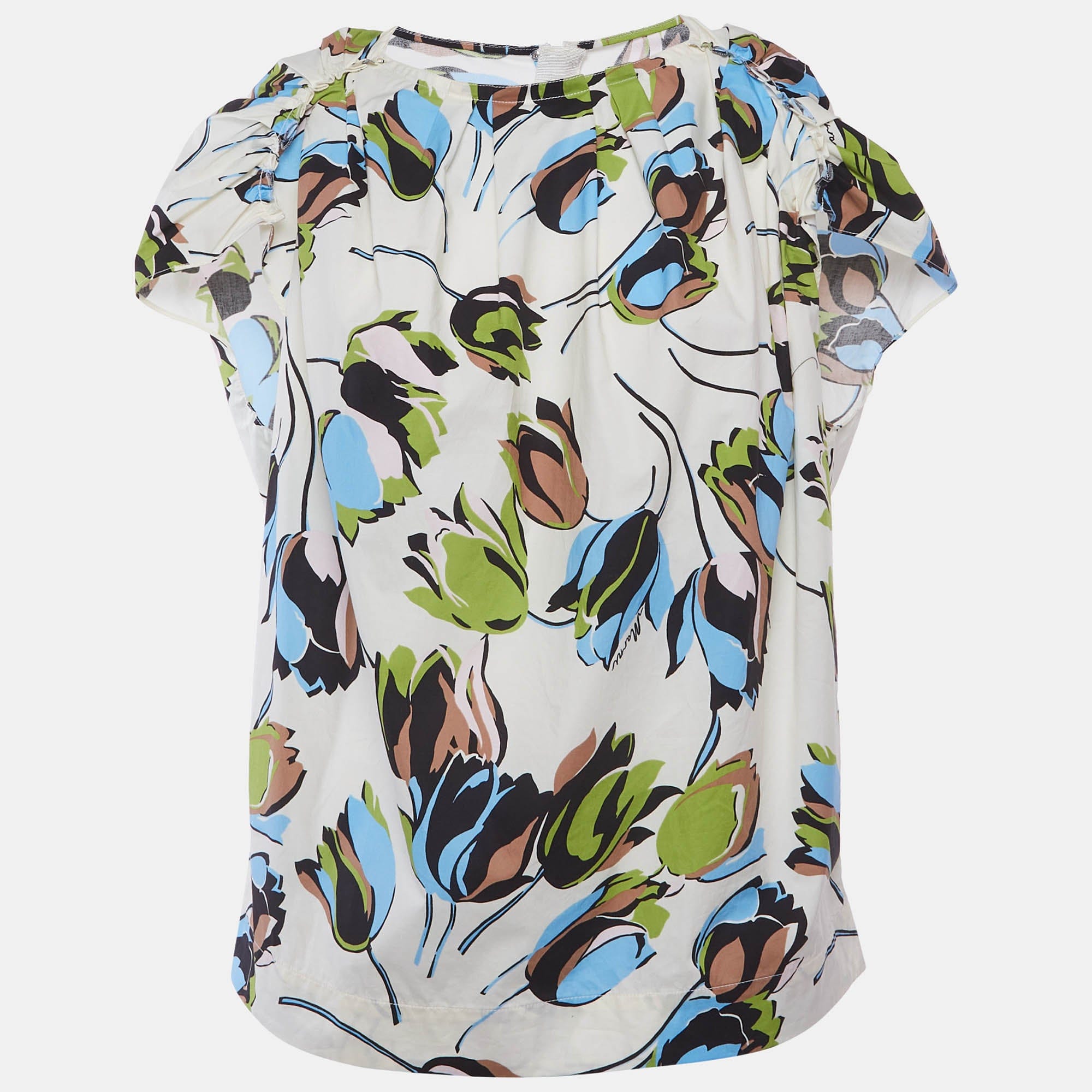 Marni Multicoloured Floral Print Cotton Pleated Blouse