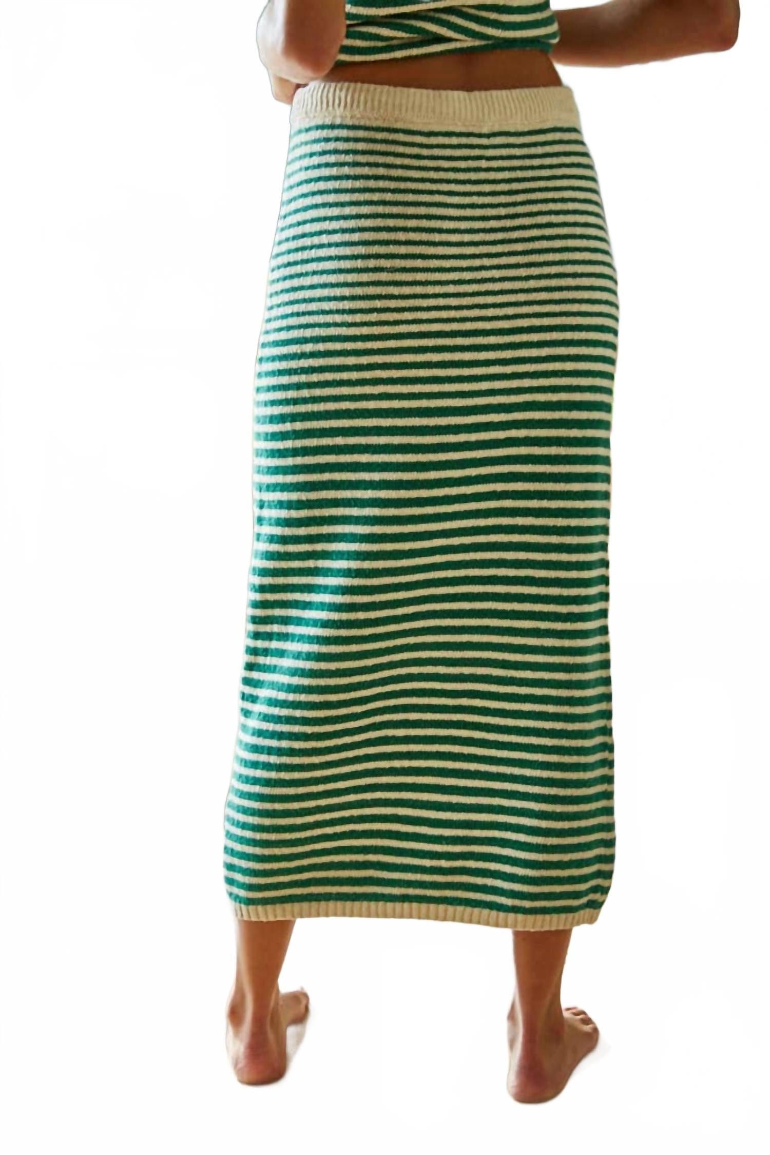 Knit Sweater Striped Midi Skirt In Green Natural