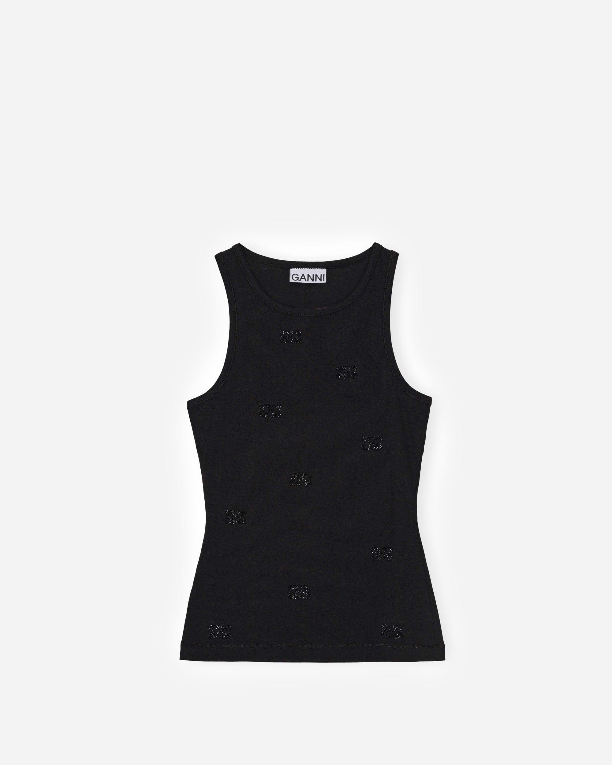 GANNI A/S Soft Cotton Rib Rhinestone Butterfly Tank Top