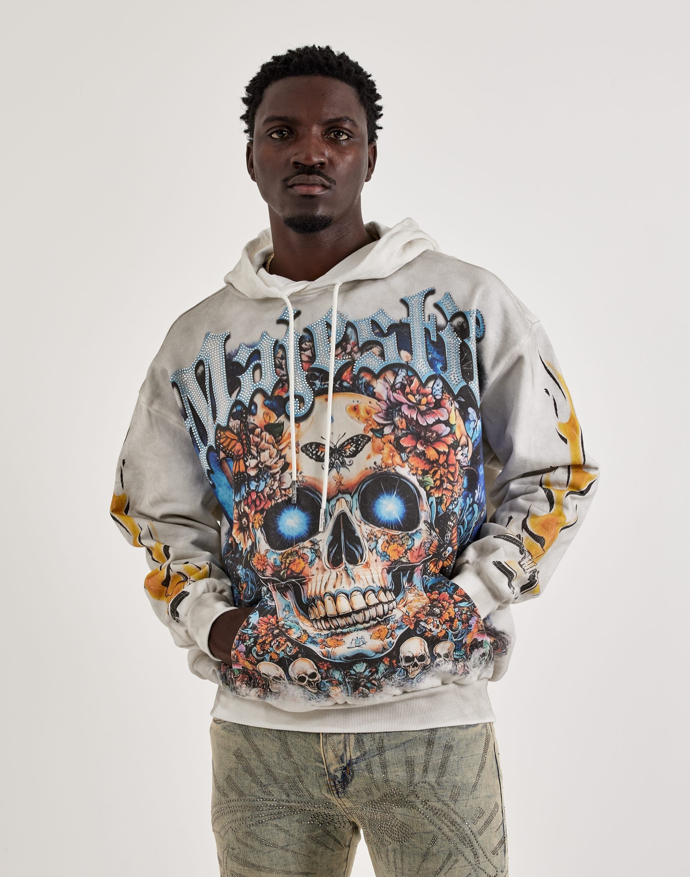 Majestik Floral Skull Rhinestone Fleece Hoodie