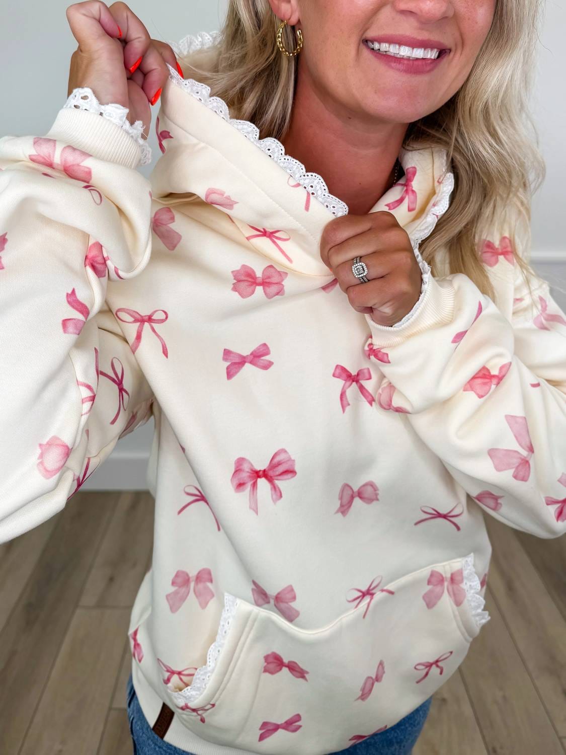 BLEND Tied With Love Cotton Blend Long Sleeve Hoodie Sweatshirt In Ivory