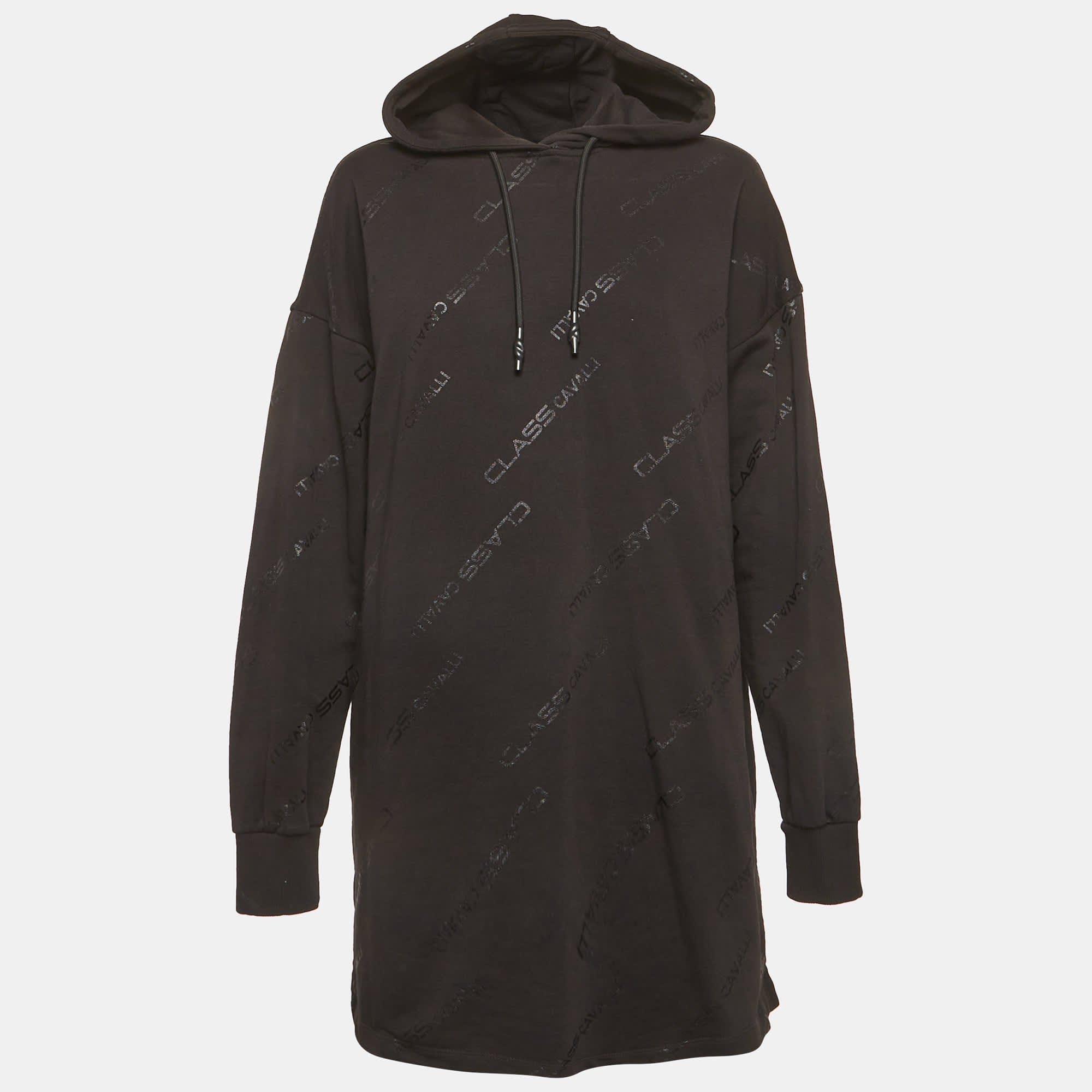 Cavalli Class Black Logo Printed Cotton Knit Oversized Hoodie