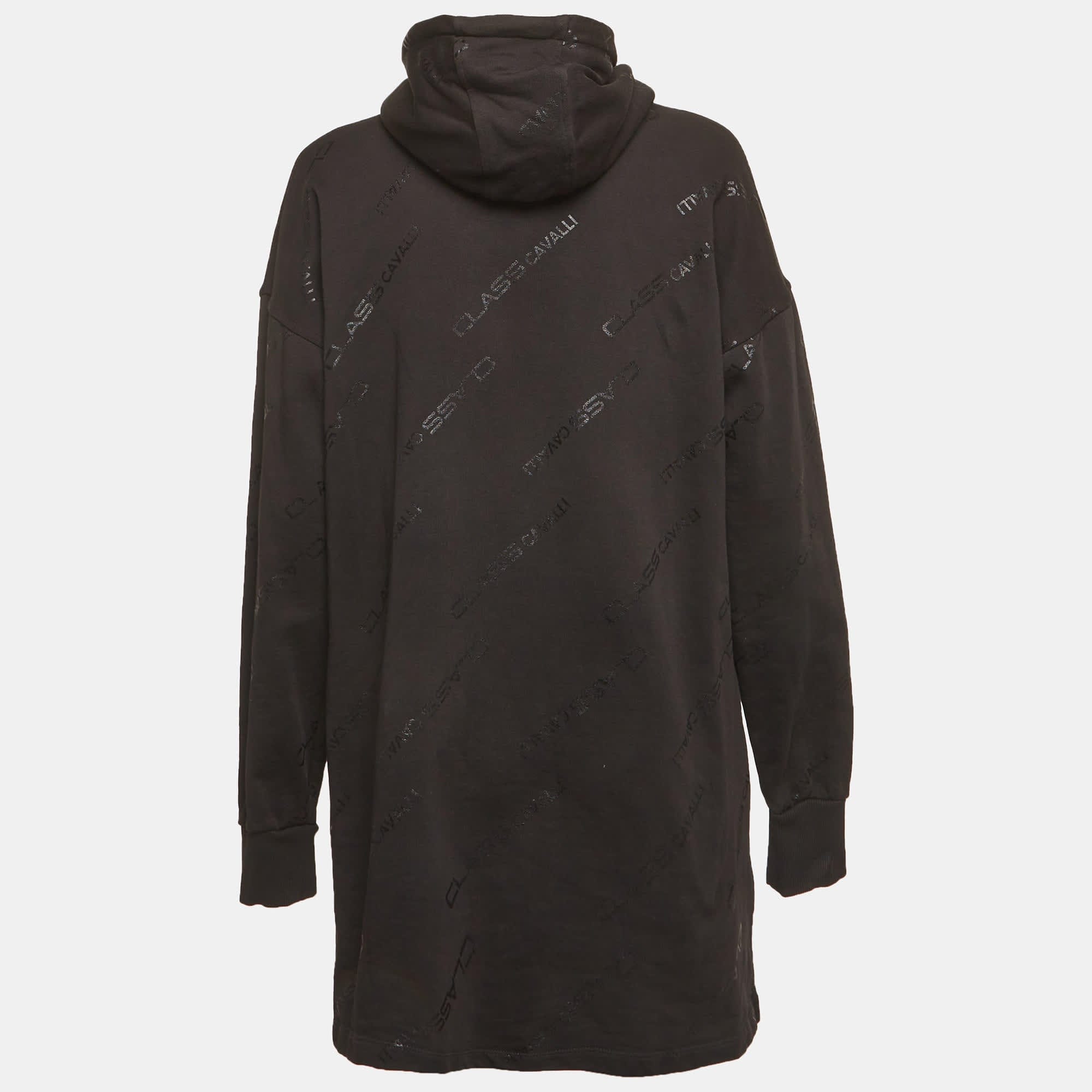 Cavalli Class Black Logo Printed Cotton Knit Oversized Hoodie