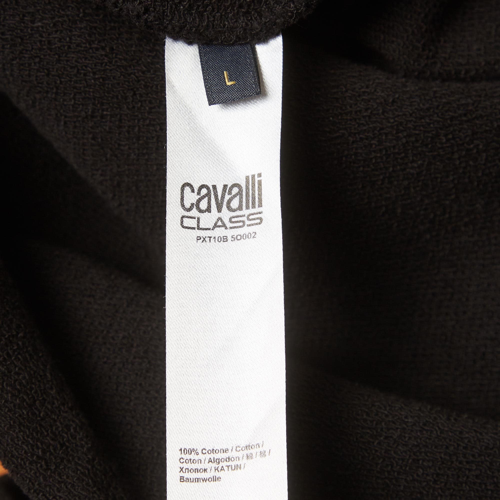 Cavalli Class Black Logo Printed Cotton Knit Oversized Hoodie