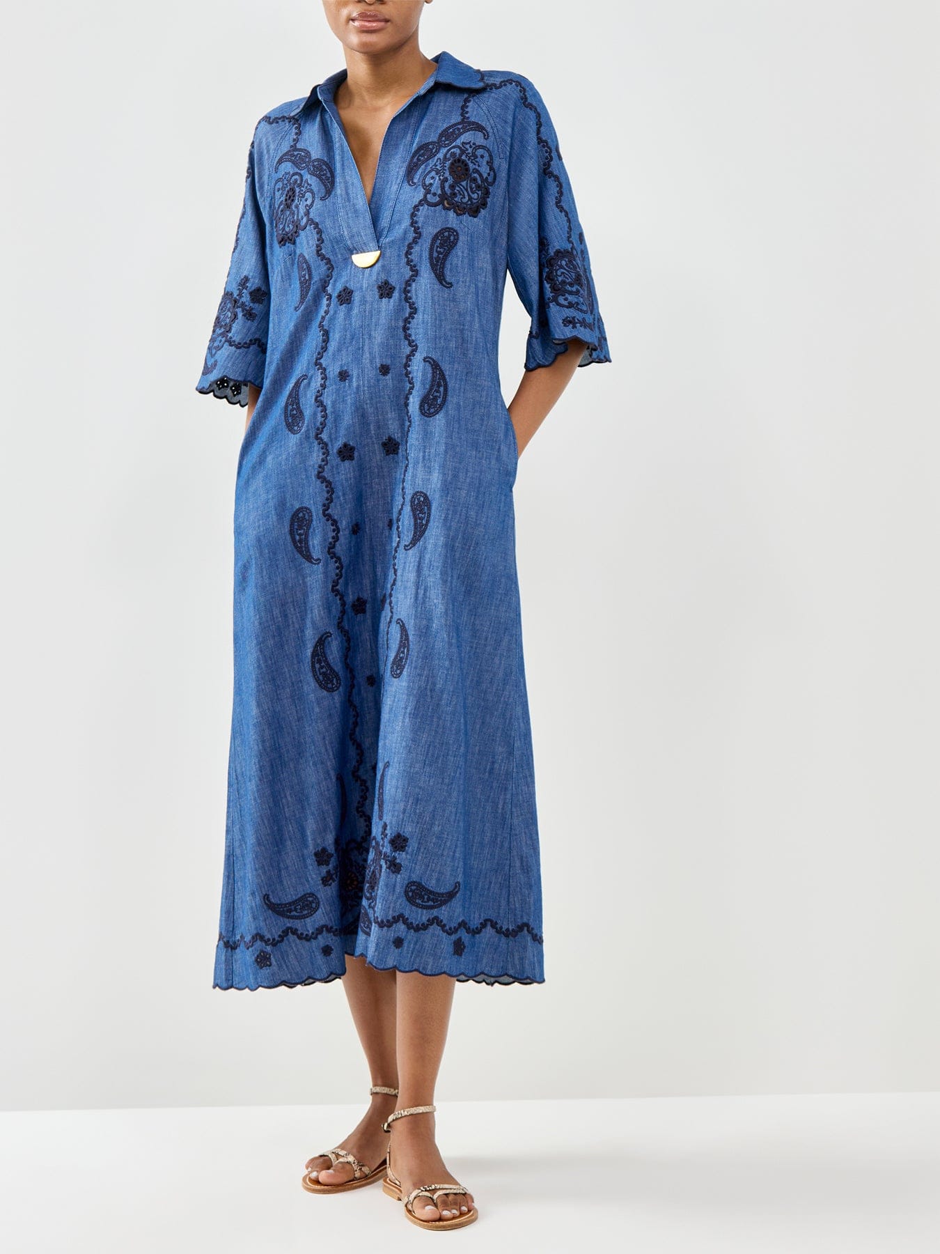 Zimmermann Aster Embroidered Denim Midi Dress Blue