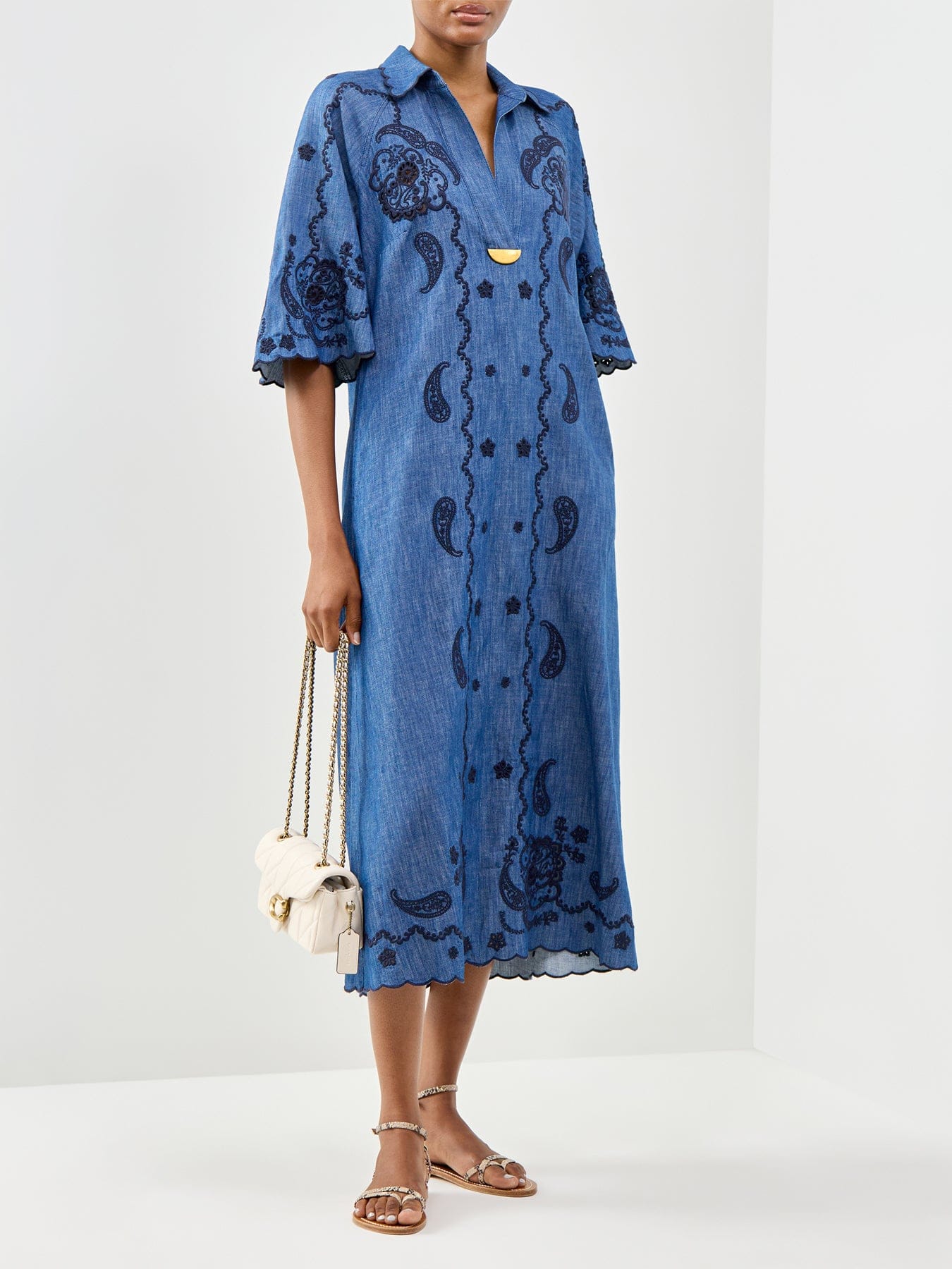 Zimmermann Aster Embroidered Denim Midi Dress Blue
