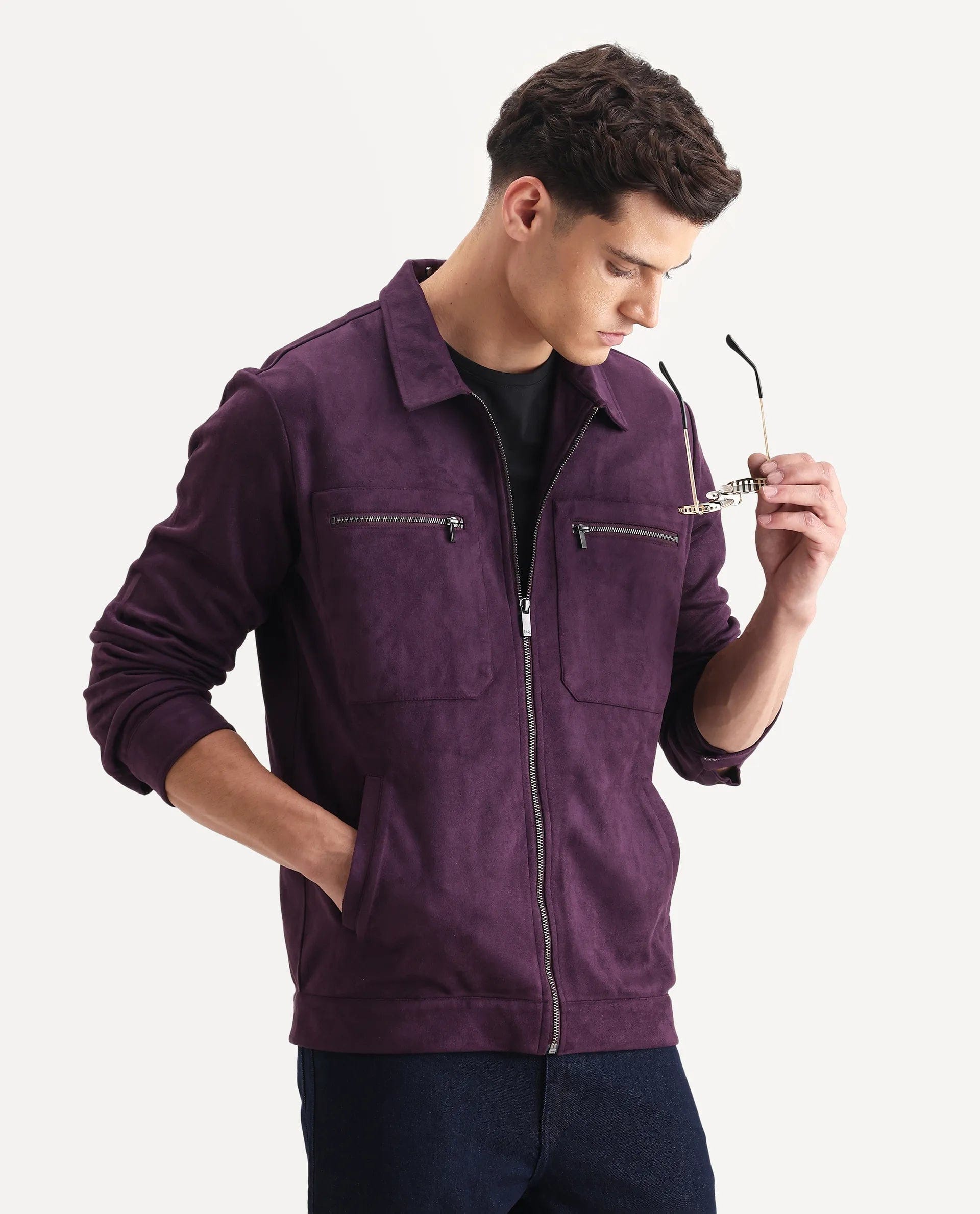 RARE Rabbit Men's Bax - 25 Purple Polyester Blend Plain Relaxed Fit Full Sleeve Spread Collar Jacket