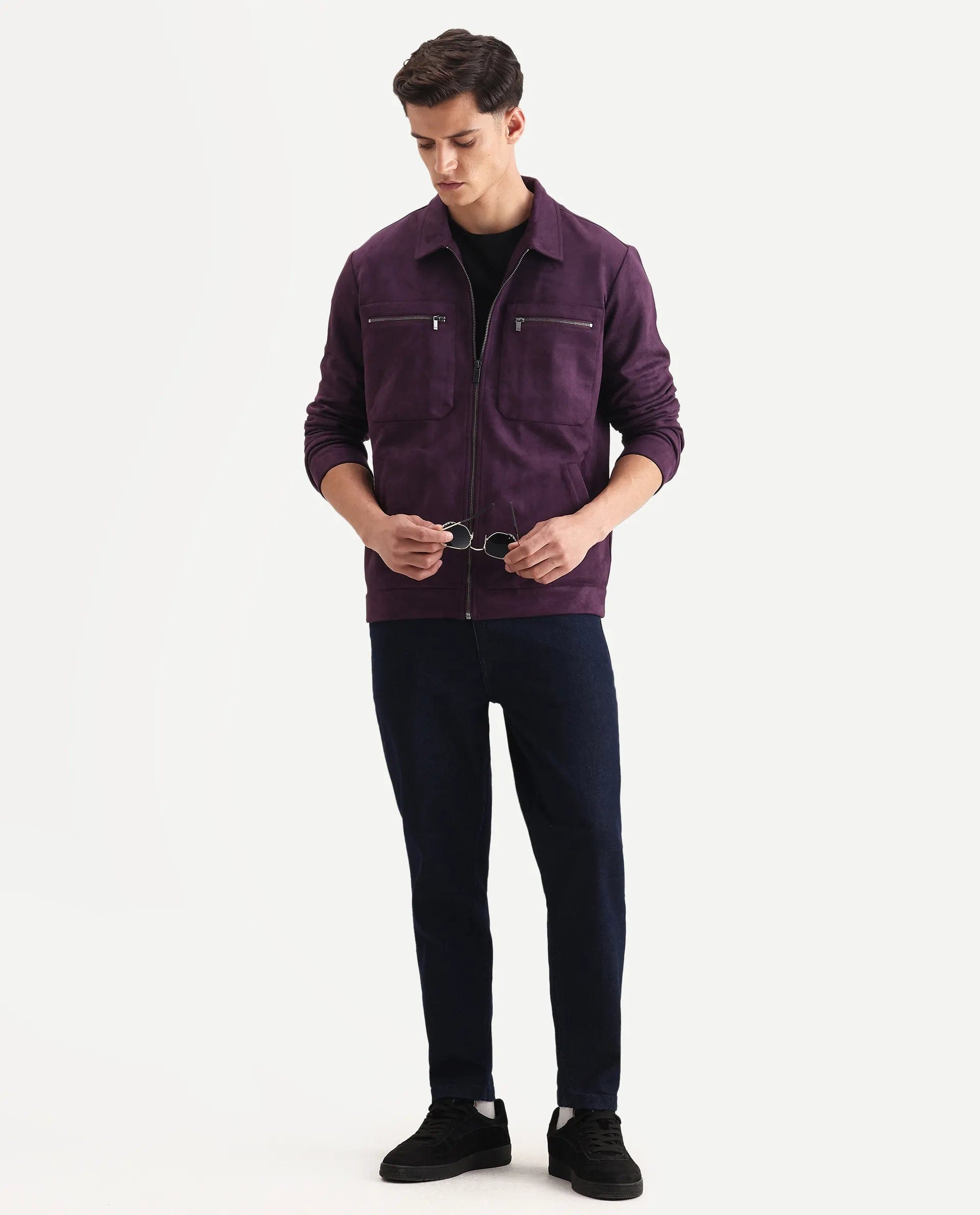 RARE Rabbit Men's Bax - 25 Purple Polyester Blend Plain Relaxed Fit Full Sleeve Spread Collar Jacket