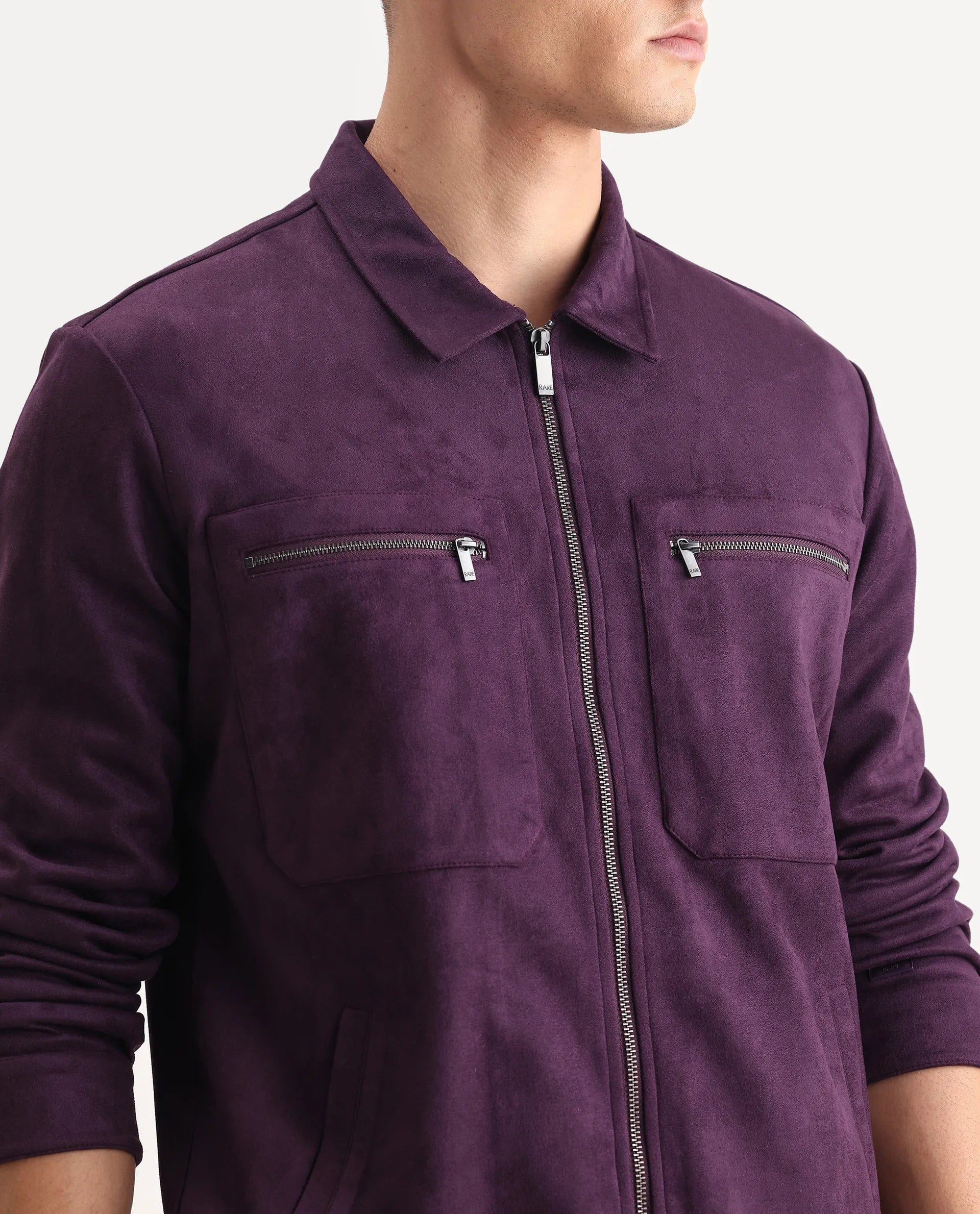 RARE Rabbit Men's Bax - 25 Purple Polyester Blend Plain Relaxed Fit Full Sleeve Spread Collar Jacket