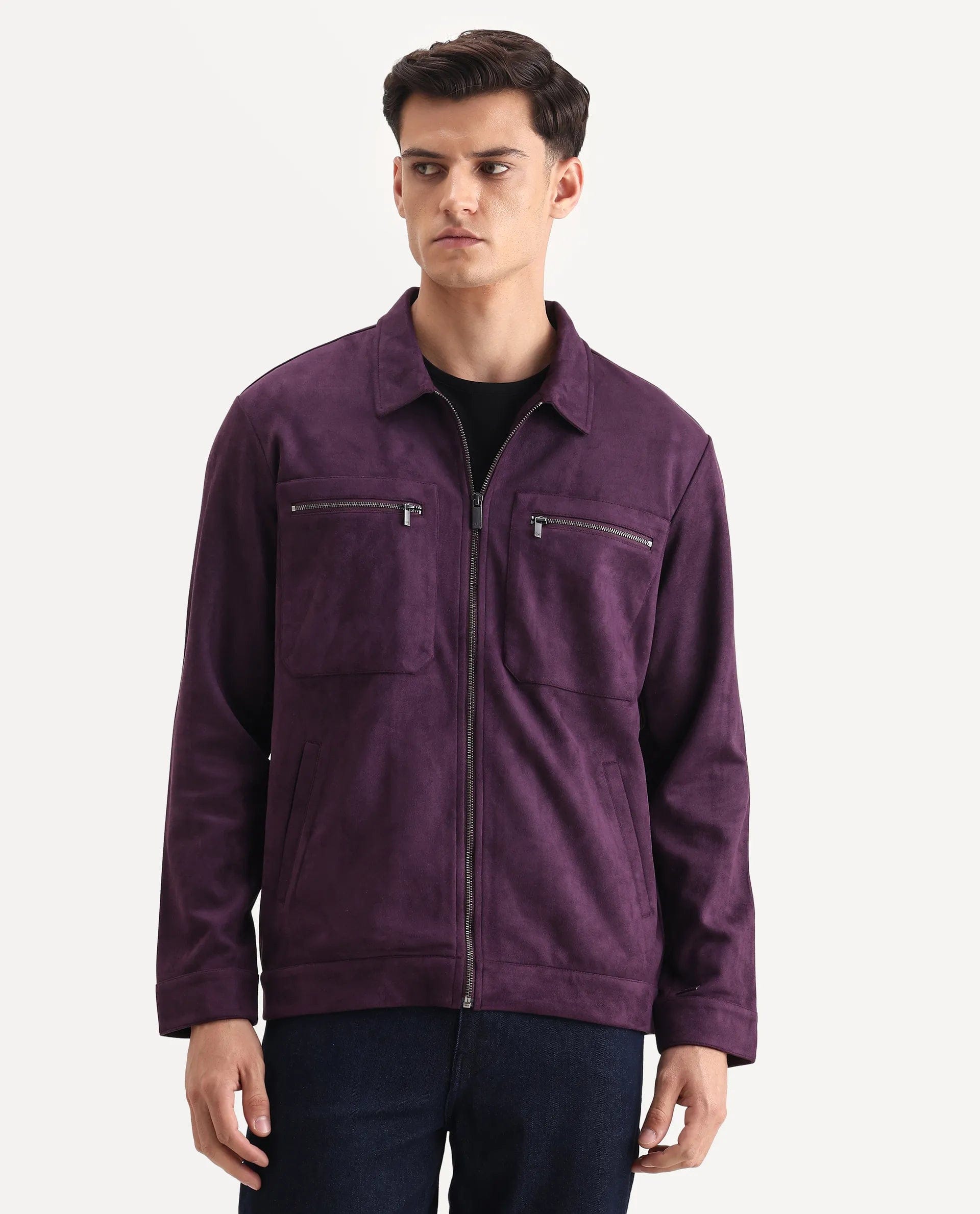 RARE Rabbit Men's Bax - 25 Purple Polyester Blend Plain Relaxed Fit Full Sleeve Spread Collar Jacket