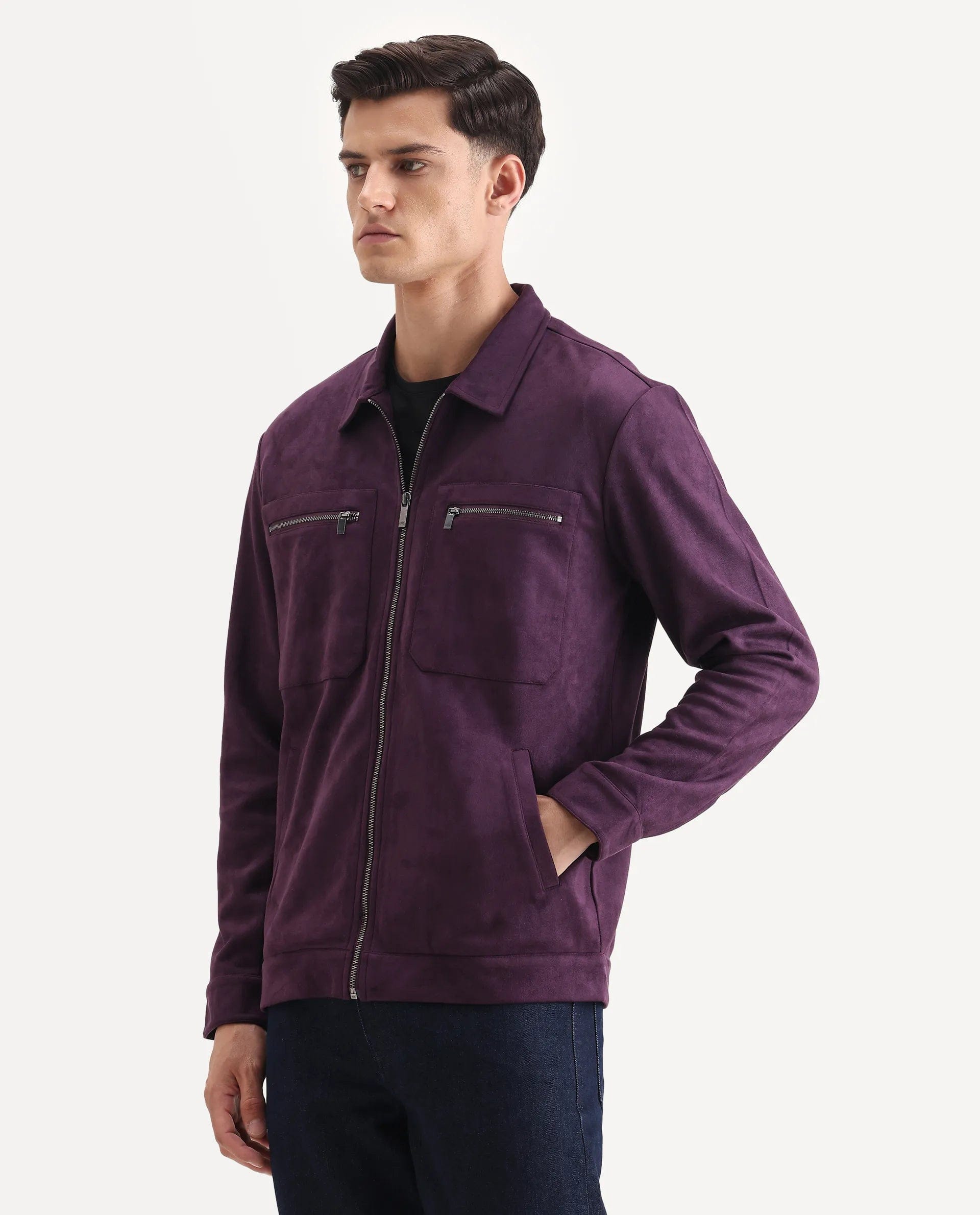 RARE Rabbit Men's Bax - 25 Purple Polyester Blend Plain Relaxed Fit Full Sleeve Spread Collar Jacket