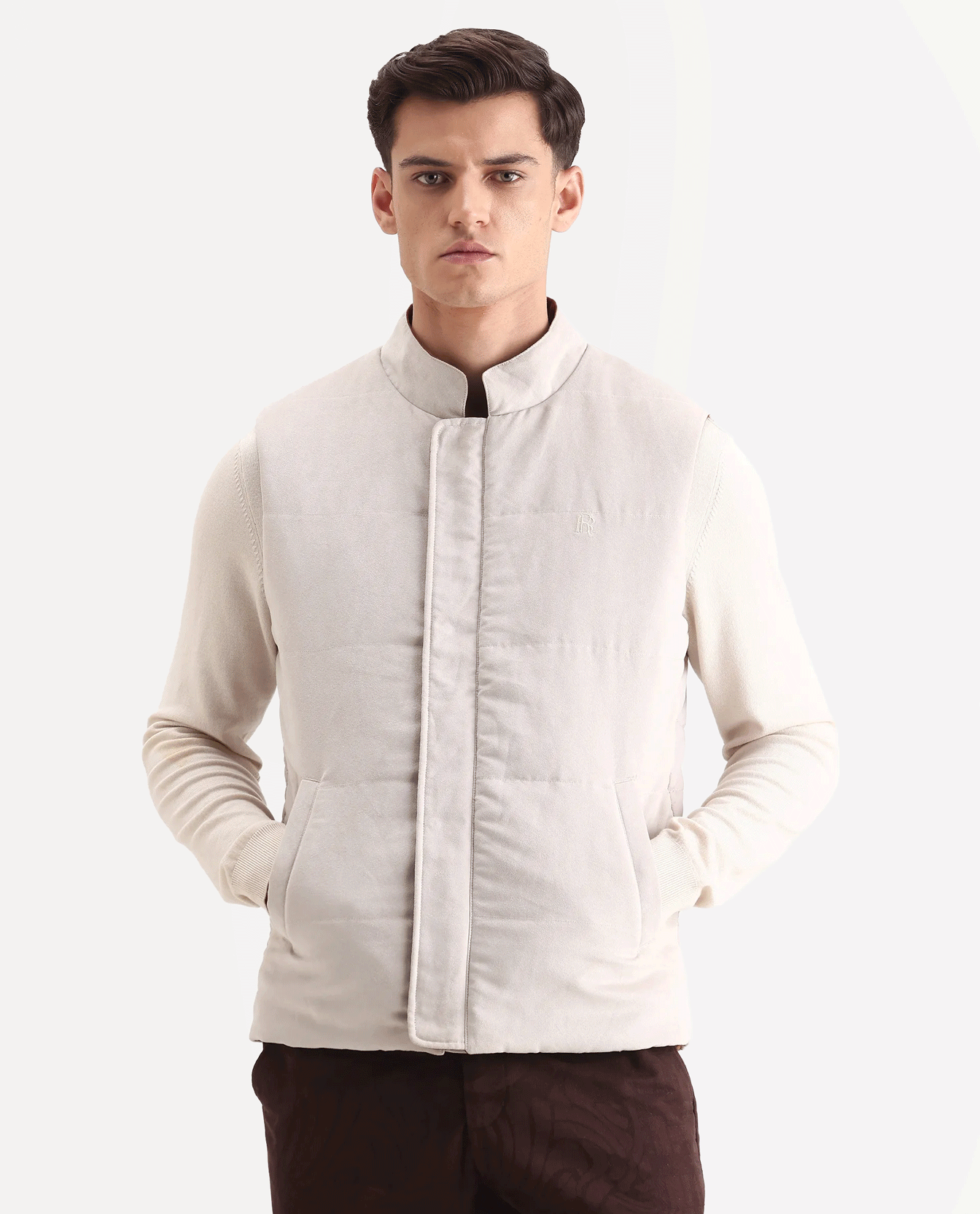 RARE Rabbit Men's Raldo - 25 Off White Polyester Blend Fabric High Neck Regular Fit Plain Jacket