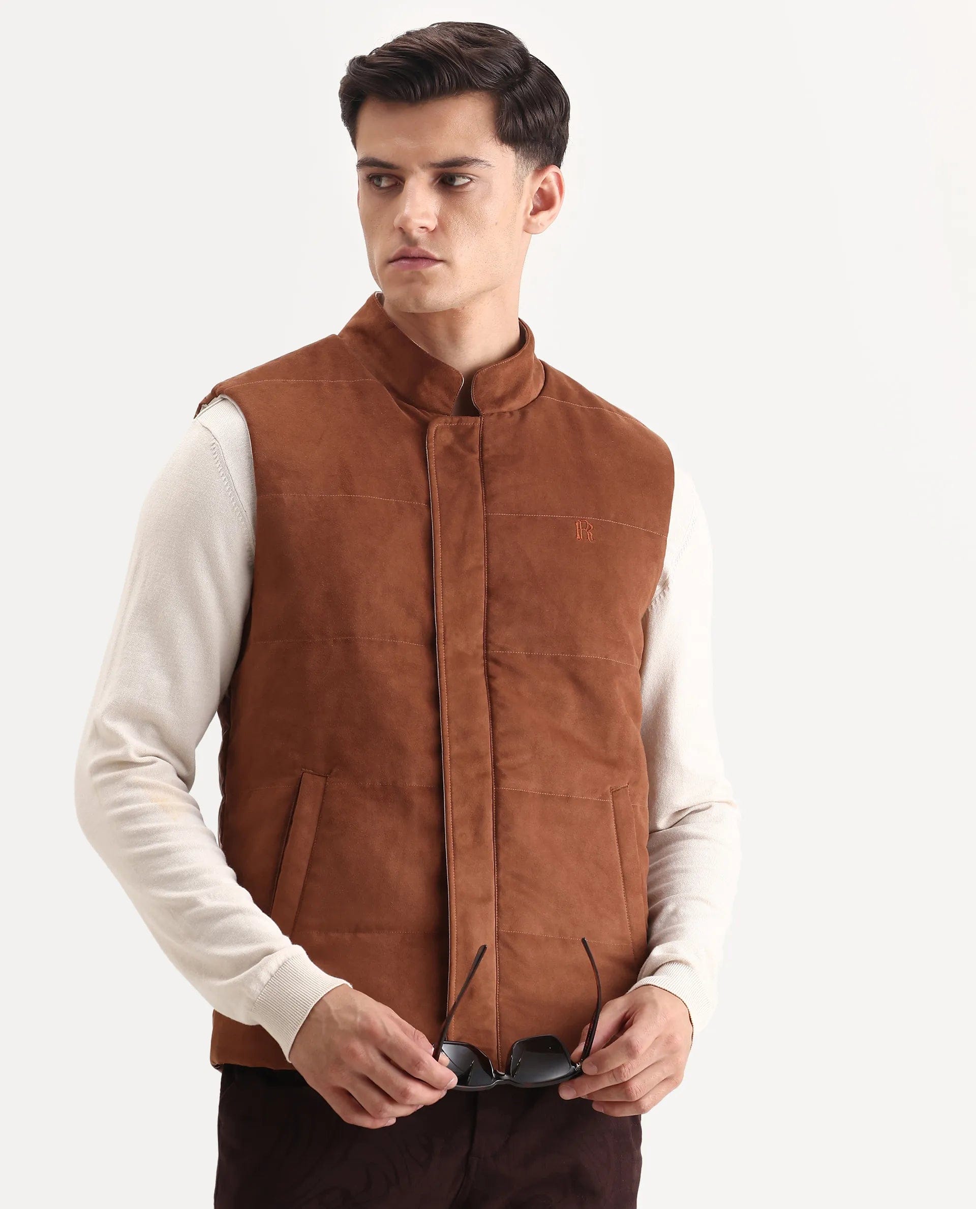RARE Rabbit Men's Raldo - 25 Off White Polyester Blend Fabric High Neck Regular Fit Plain Jacket