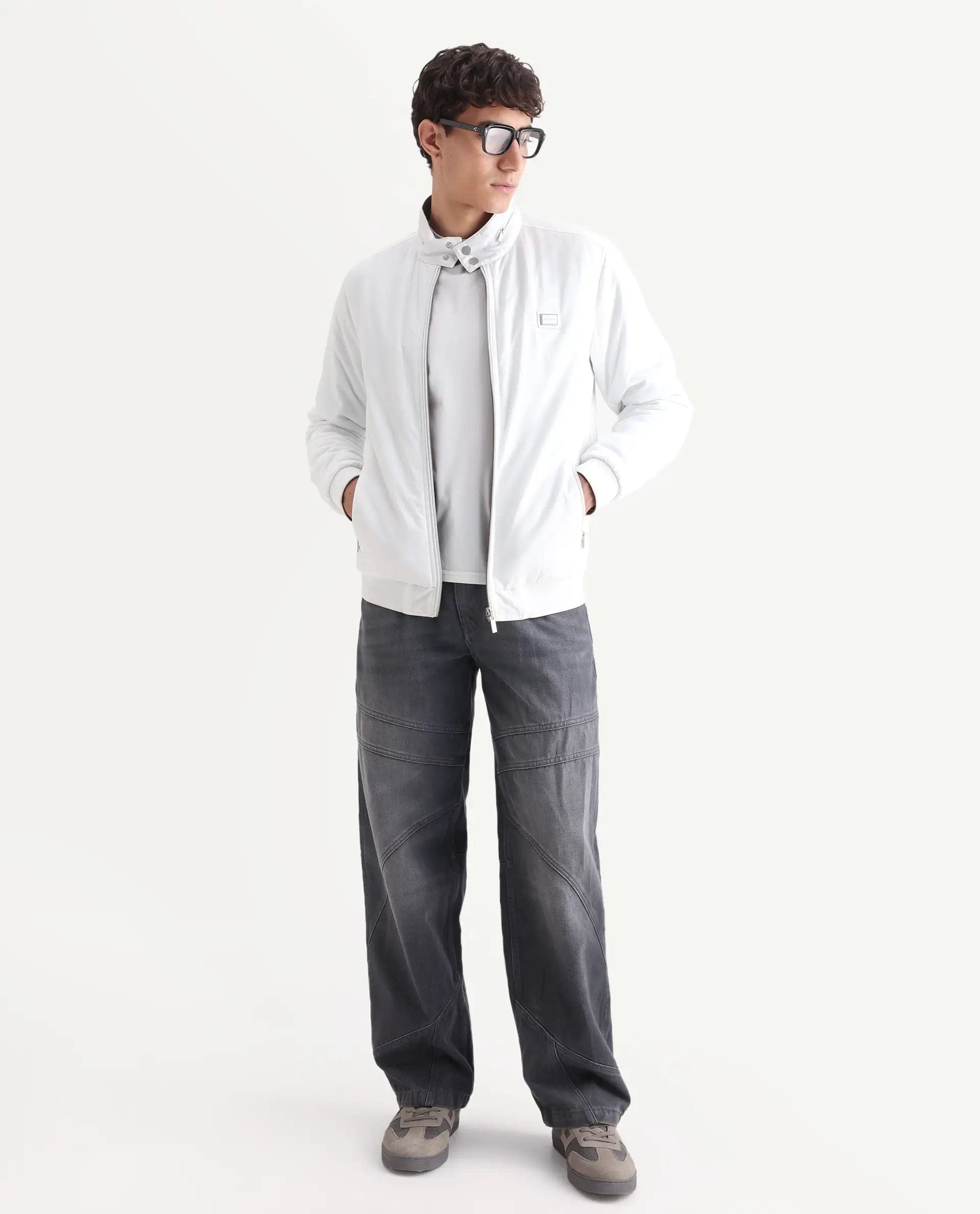 RARE Rabbit Men's Royban - 25 Off White Polyester Plain Regular Fit Full Sleeve High Neck Jacket