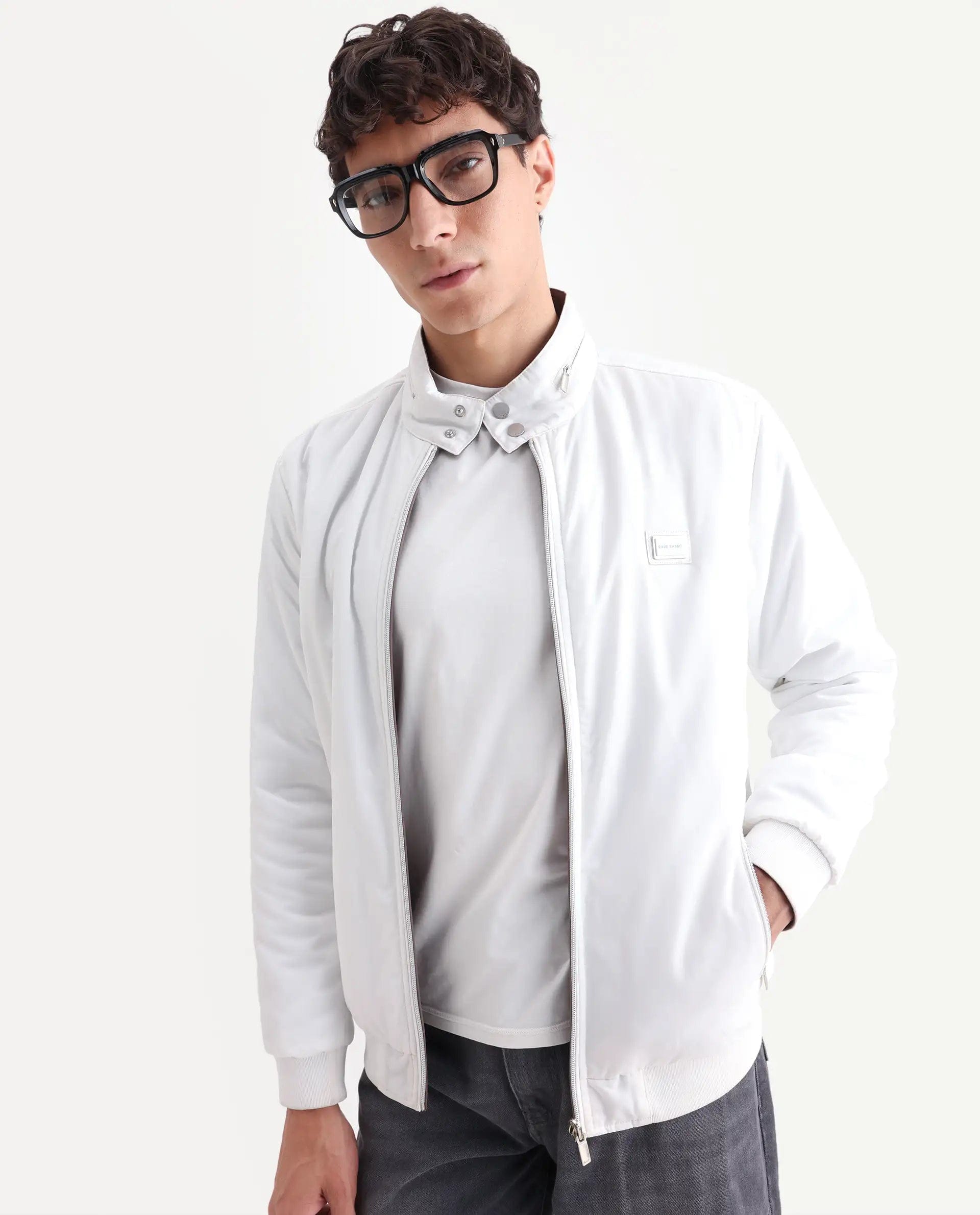 RARE Rabbit Men's Royban - 25 Off White Polyester Plain Regular Fit Full Sleeve High Neck Jacket