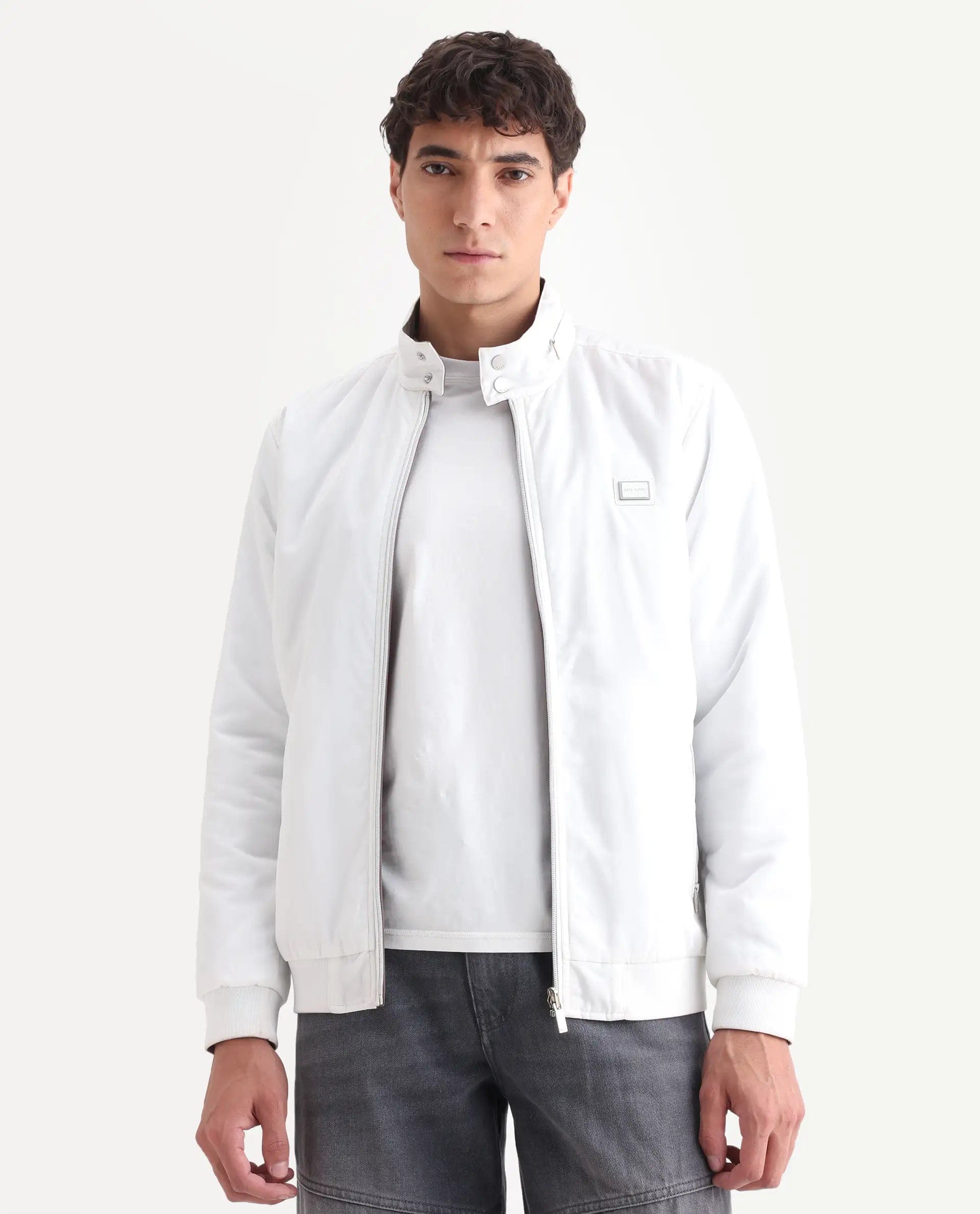 RARE Rabbit Men's Royban - 25 Off White Polyester Plain Regular Fit Full Sleeve High Neck Jacket