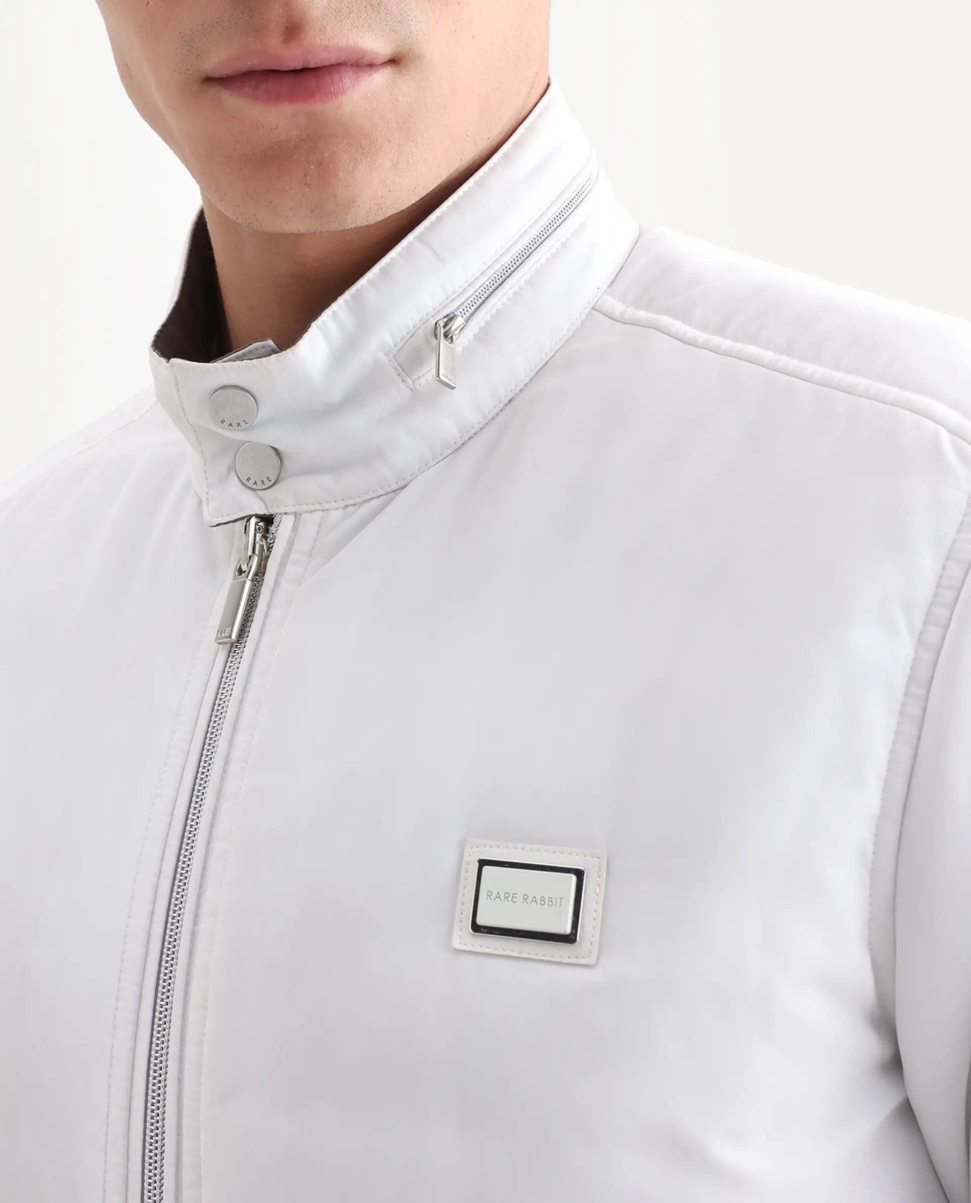 RARE Rabbit Men's Royban - 25 Off White Polyester Plain Regular Fit Full Sleeve High Neck Jacket