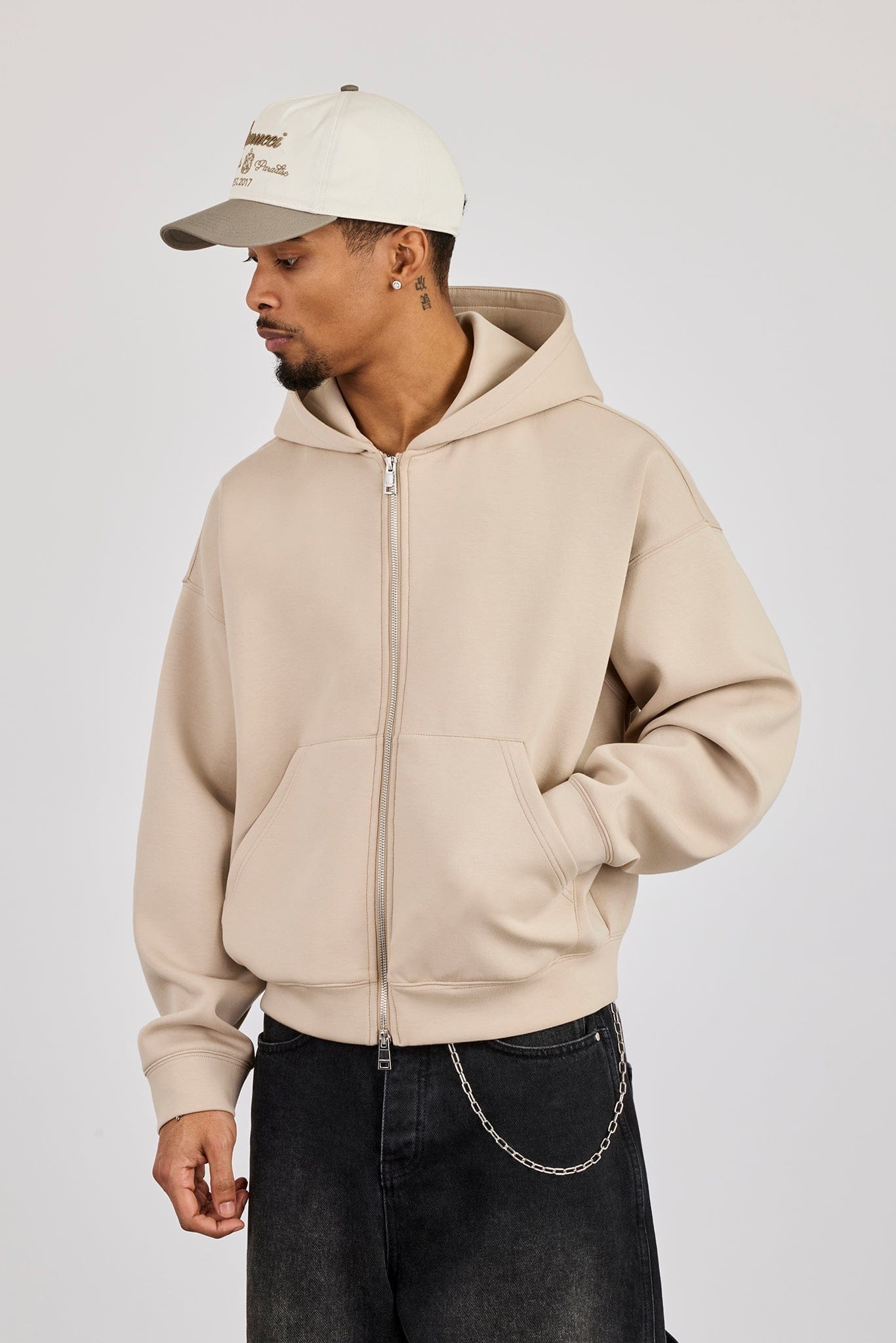 Cernucci Scuba Zip Through Boxy Hoodie - Stone