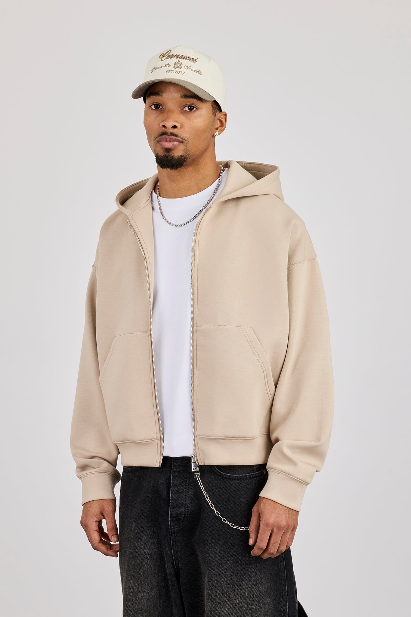 Cernucci Scuba Zip Through Boxy Hoodie - Stone