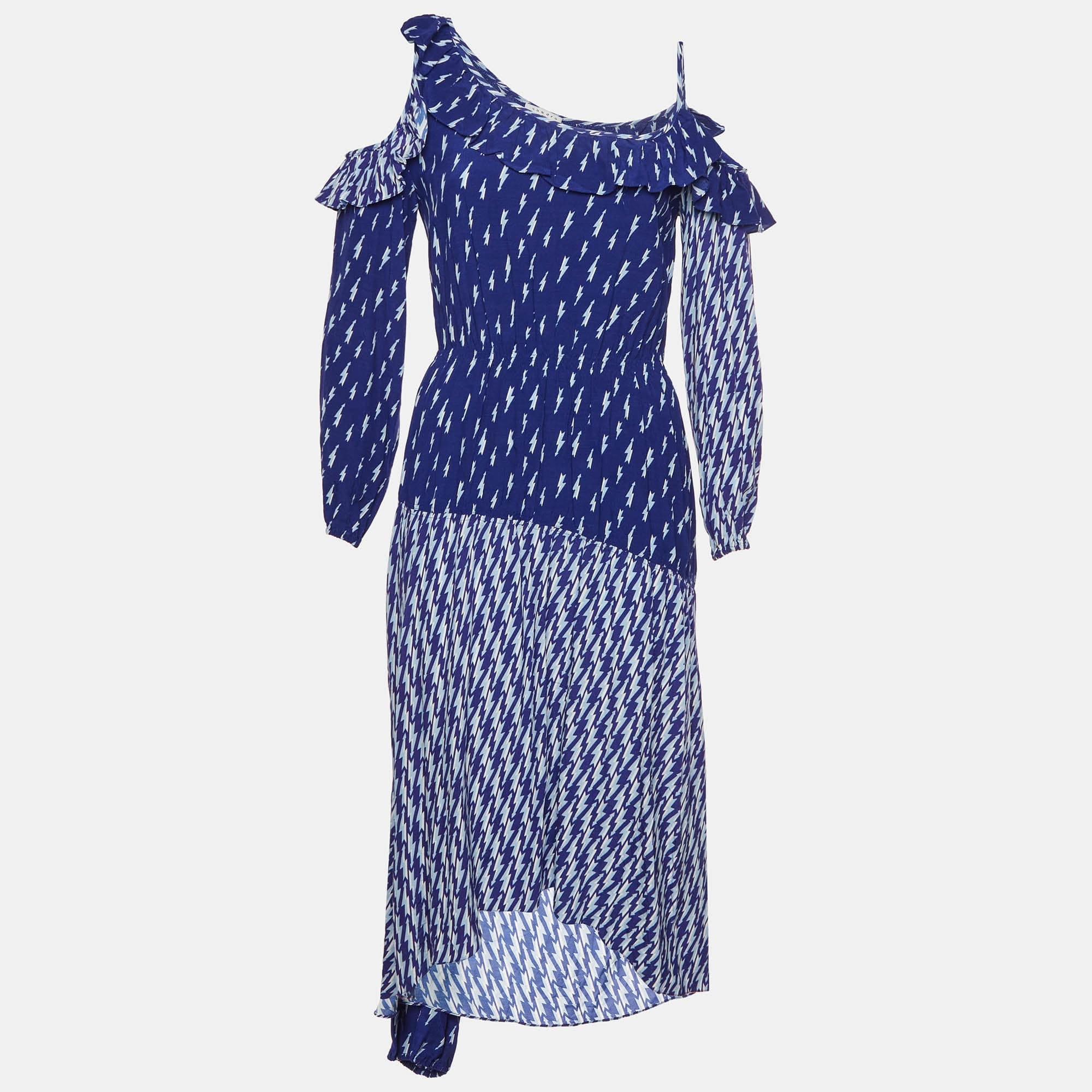Sandro Blue Printed Crepe Cold Shoulder Kemila Dress