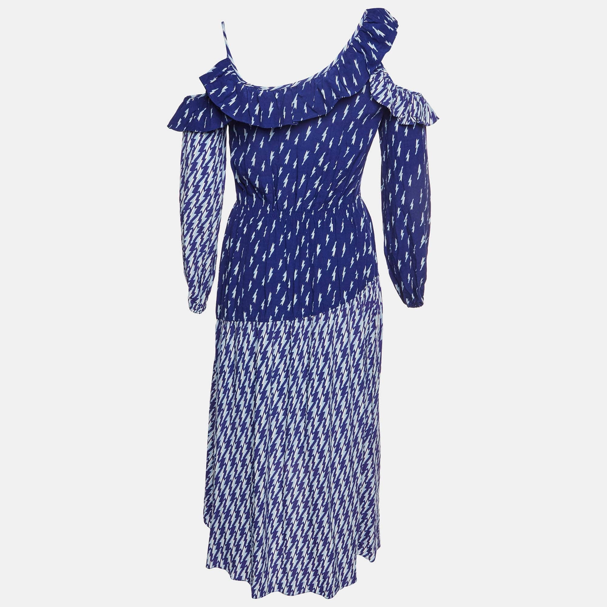 Sandro Blue Printed Crepe Cold Shoulder Kemila Dress