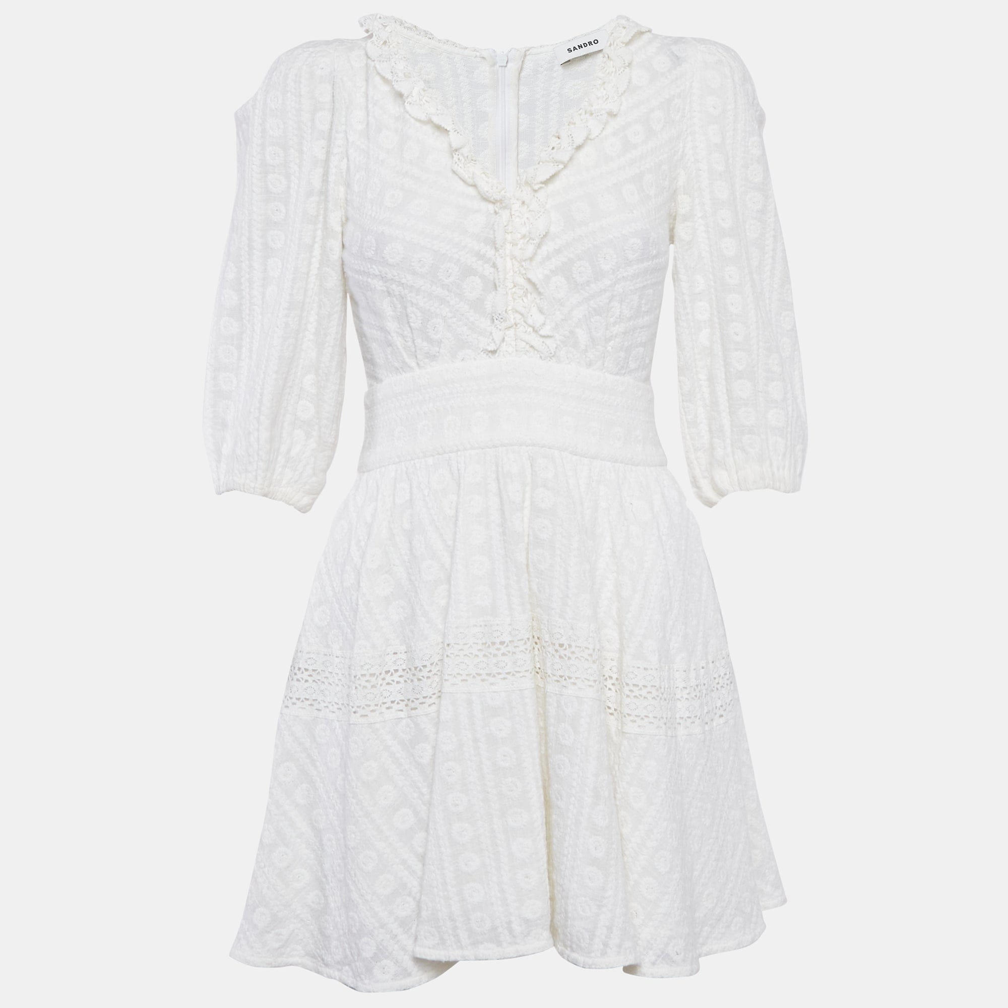 Sandro White Embroidered Cotton Mini Dress