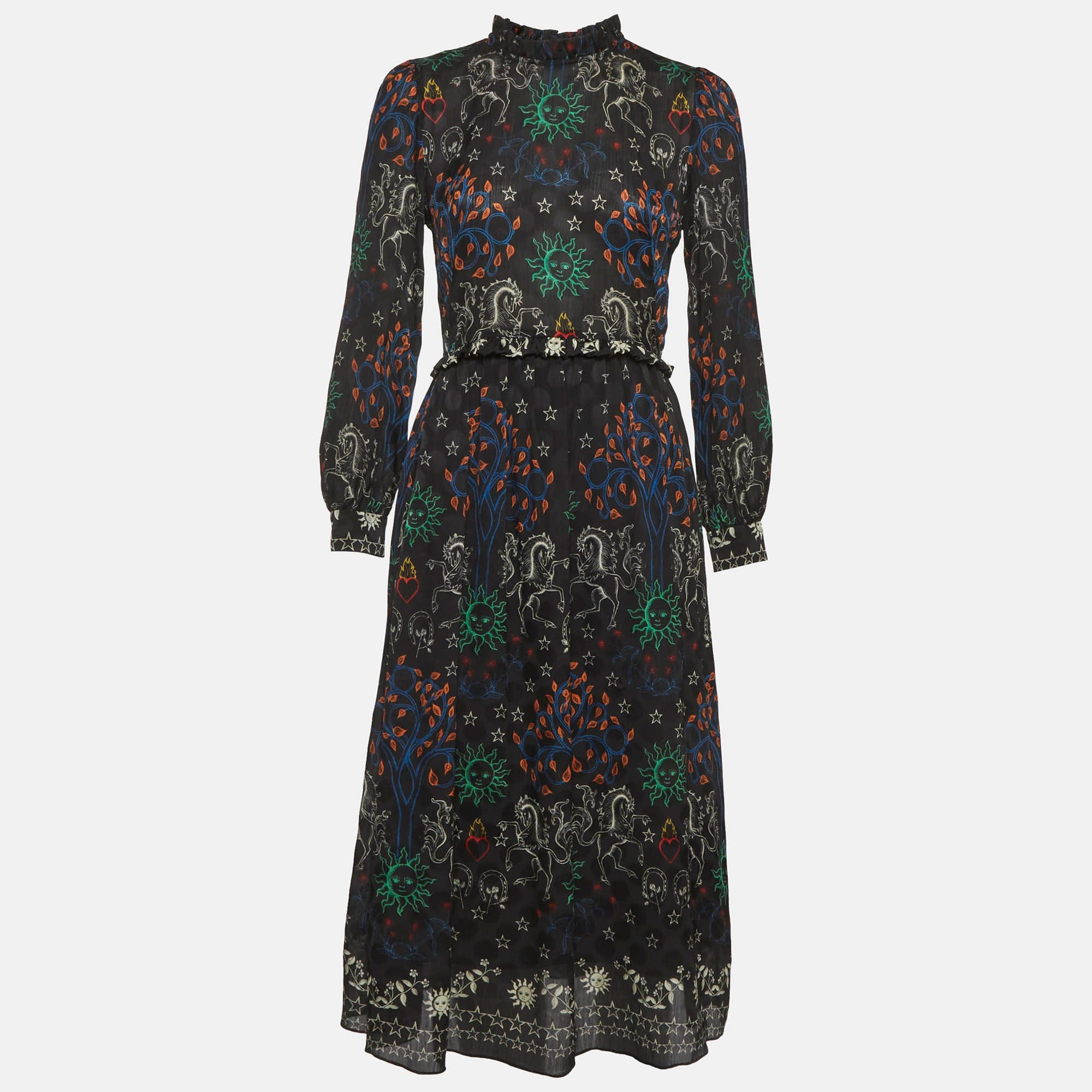Sandro Black Print Chiffon Ruffled Trim Midi Dress