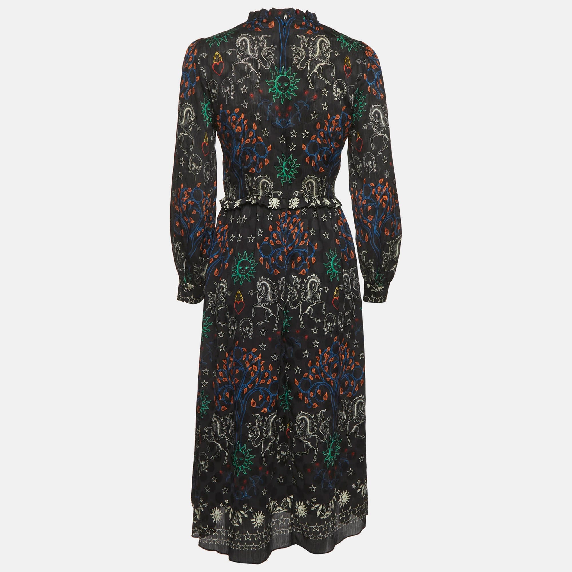 Sandro Black Print Chiffon Ruffled Trim Midi Dress