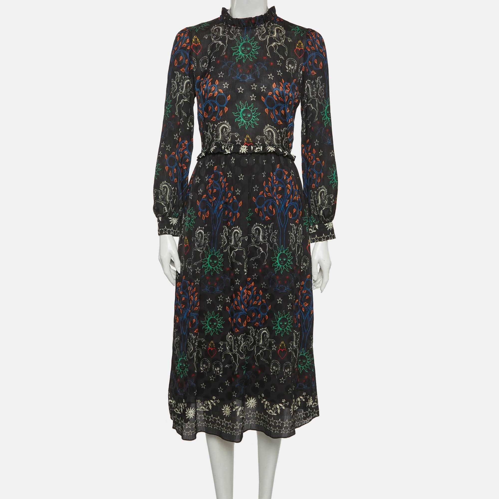 Sandro Black Print Chiffon Ruffled Trim Midi Dress