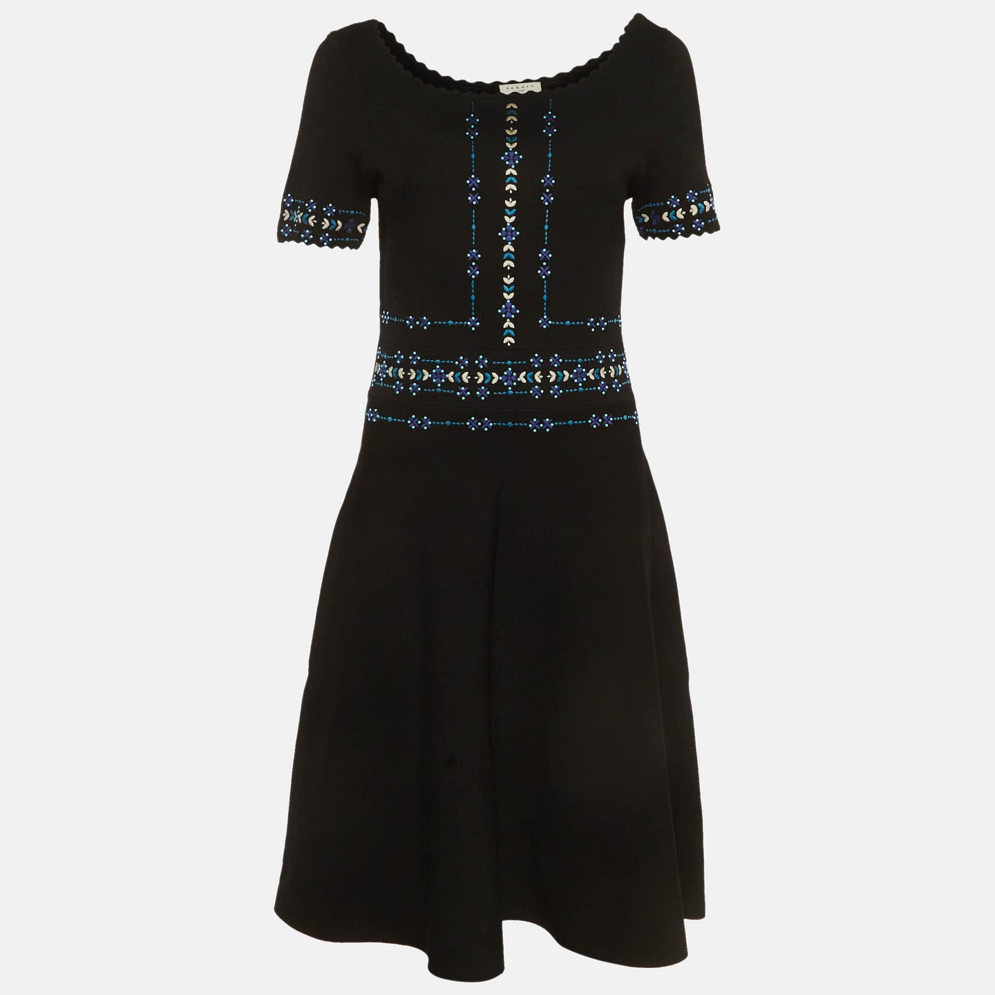 Sandro Black/blue Embroidered Stretch Knit Midi Dress