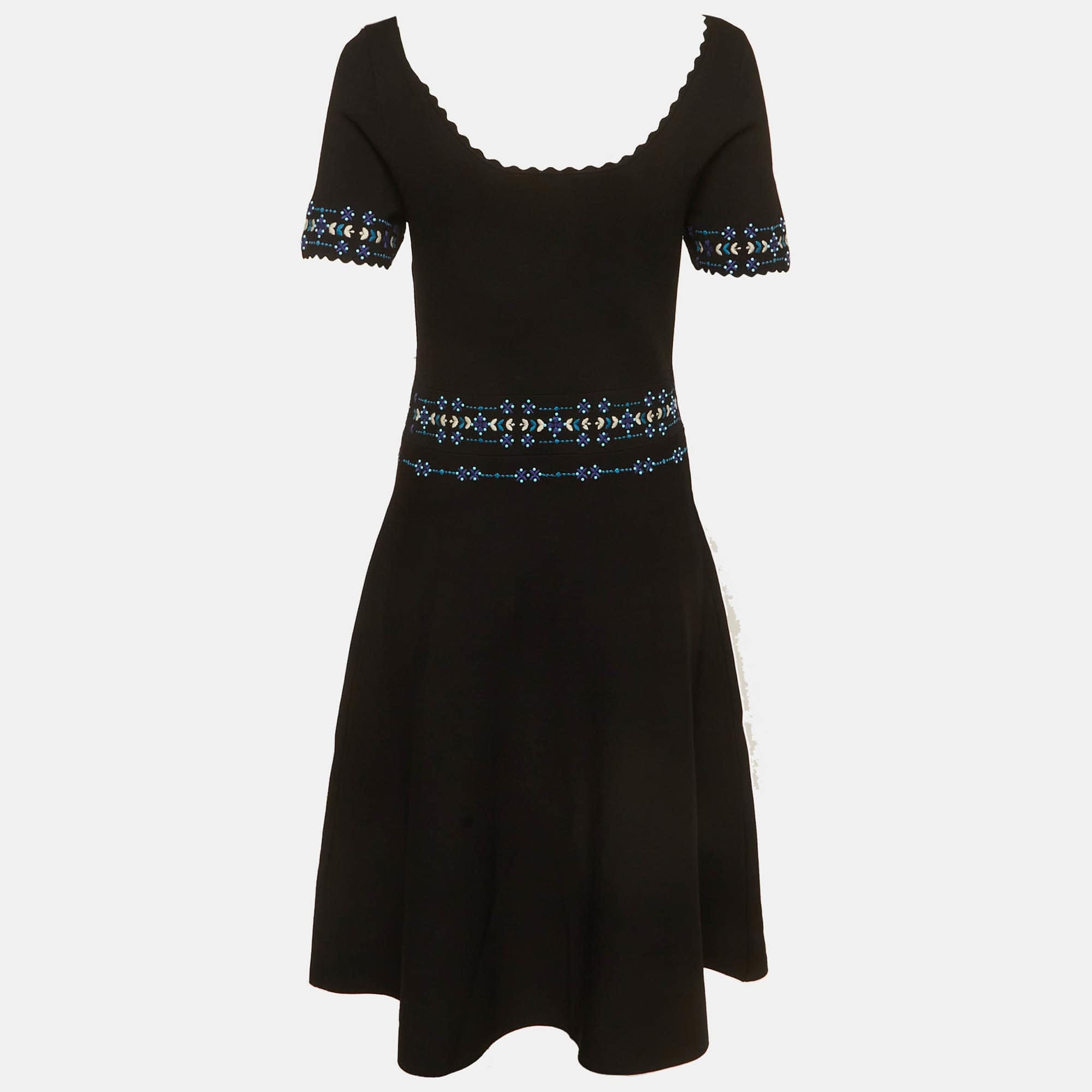 Sandro Black/blue Embroidered Stretch Knit Midi Dress