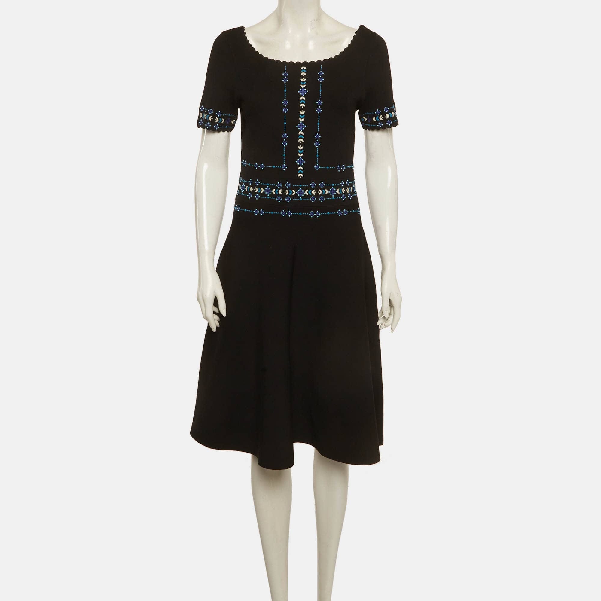Sandro Black/blue Embroidered Stretch Knit Midi Dress
