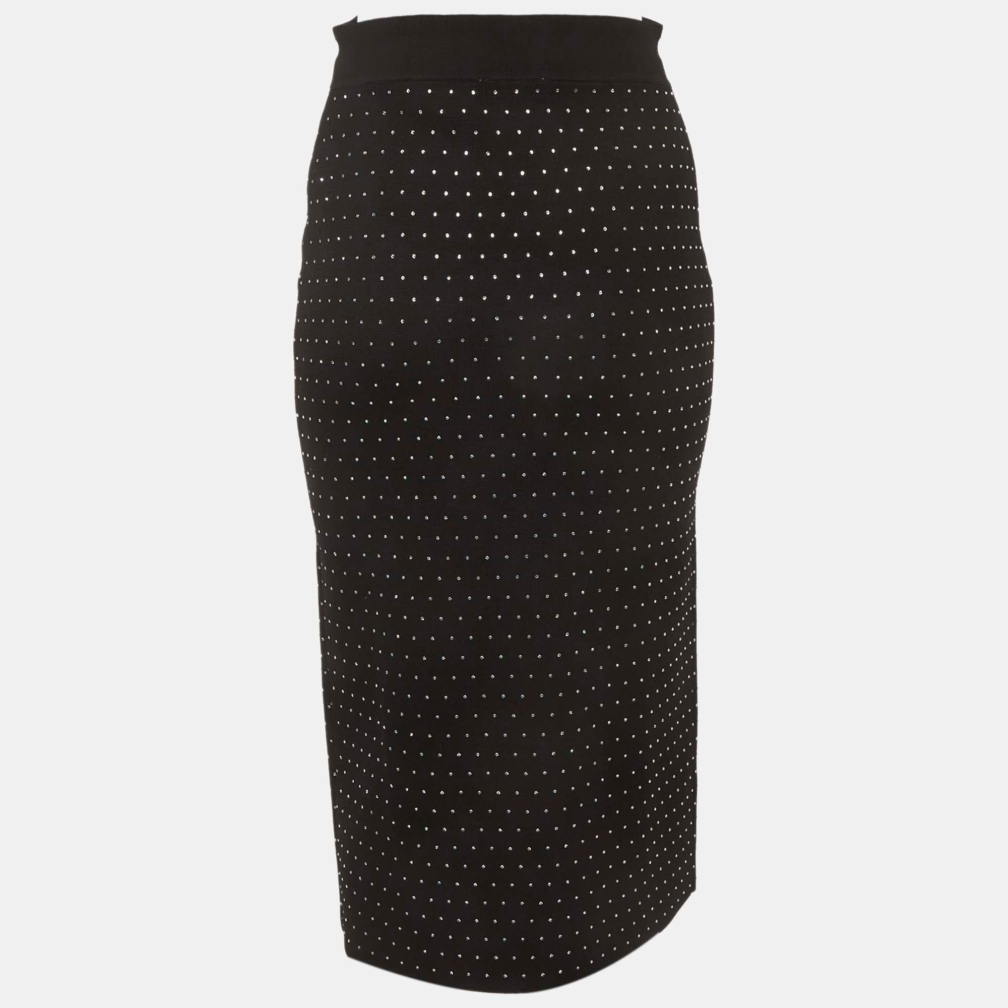 Sandro Black Rhinestone Embellished Synthetic Knit Pencil Skirt