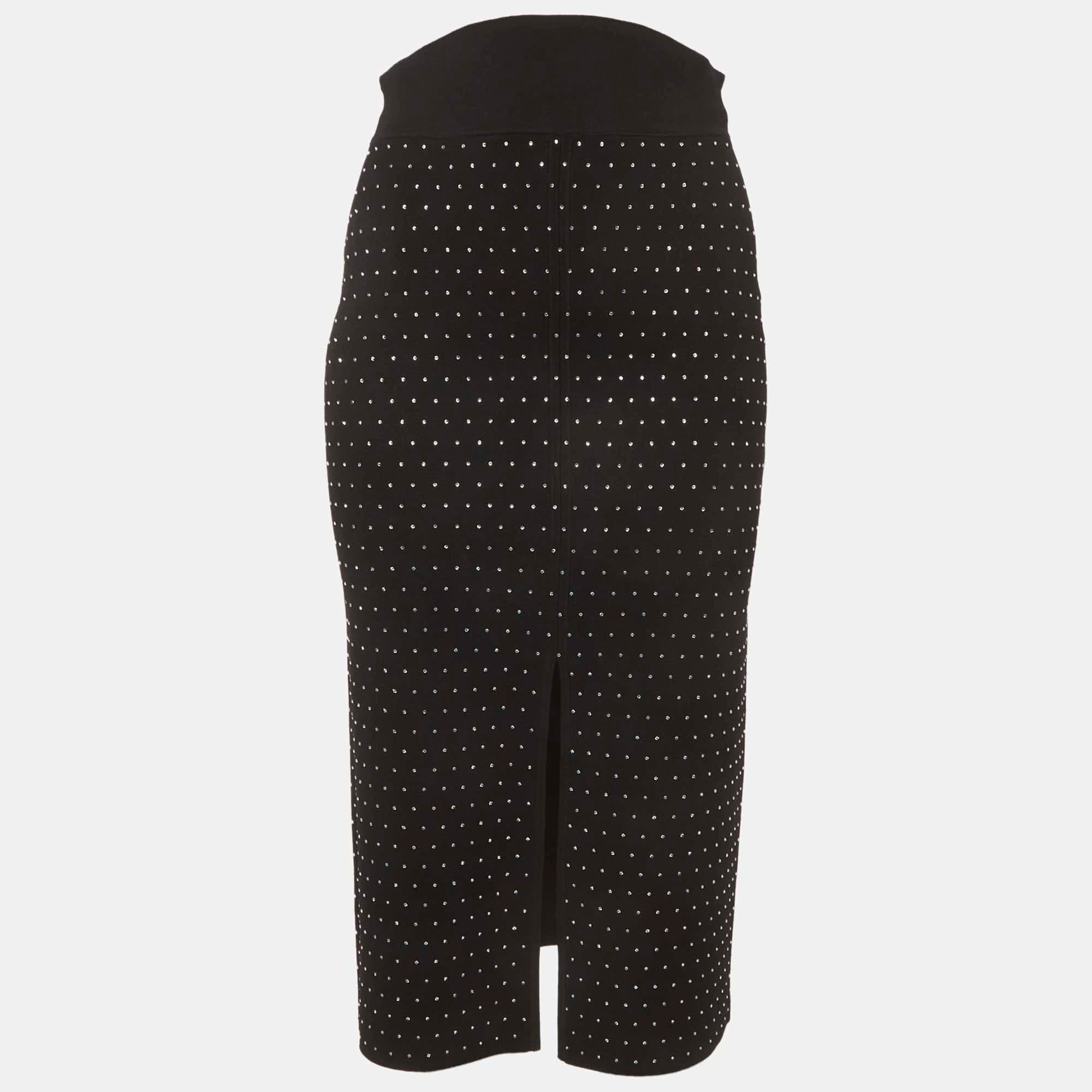Sandro Black Rhinestone Embellished Synthetic Knit Pencil Skirt