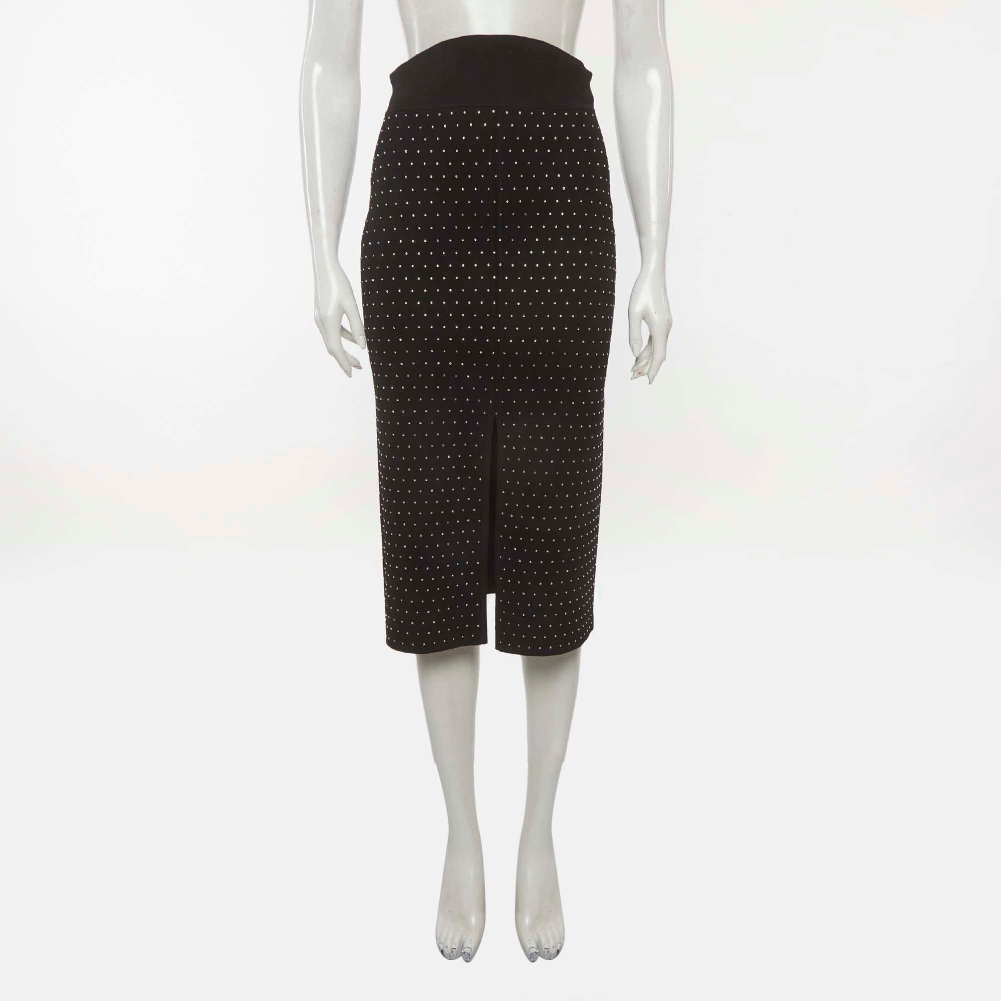 Sandro Black Rhinestone Embellished Synthetic Knit Pencil Skirt