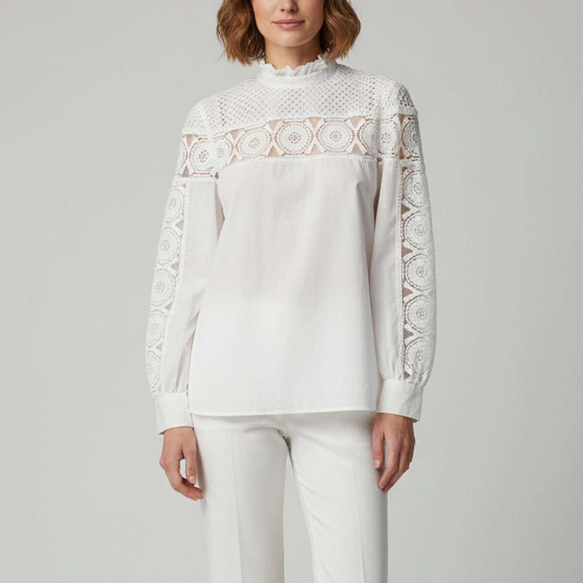 Sandro White Cotton And Lace Paneled Blouse