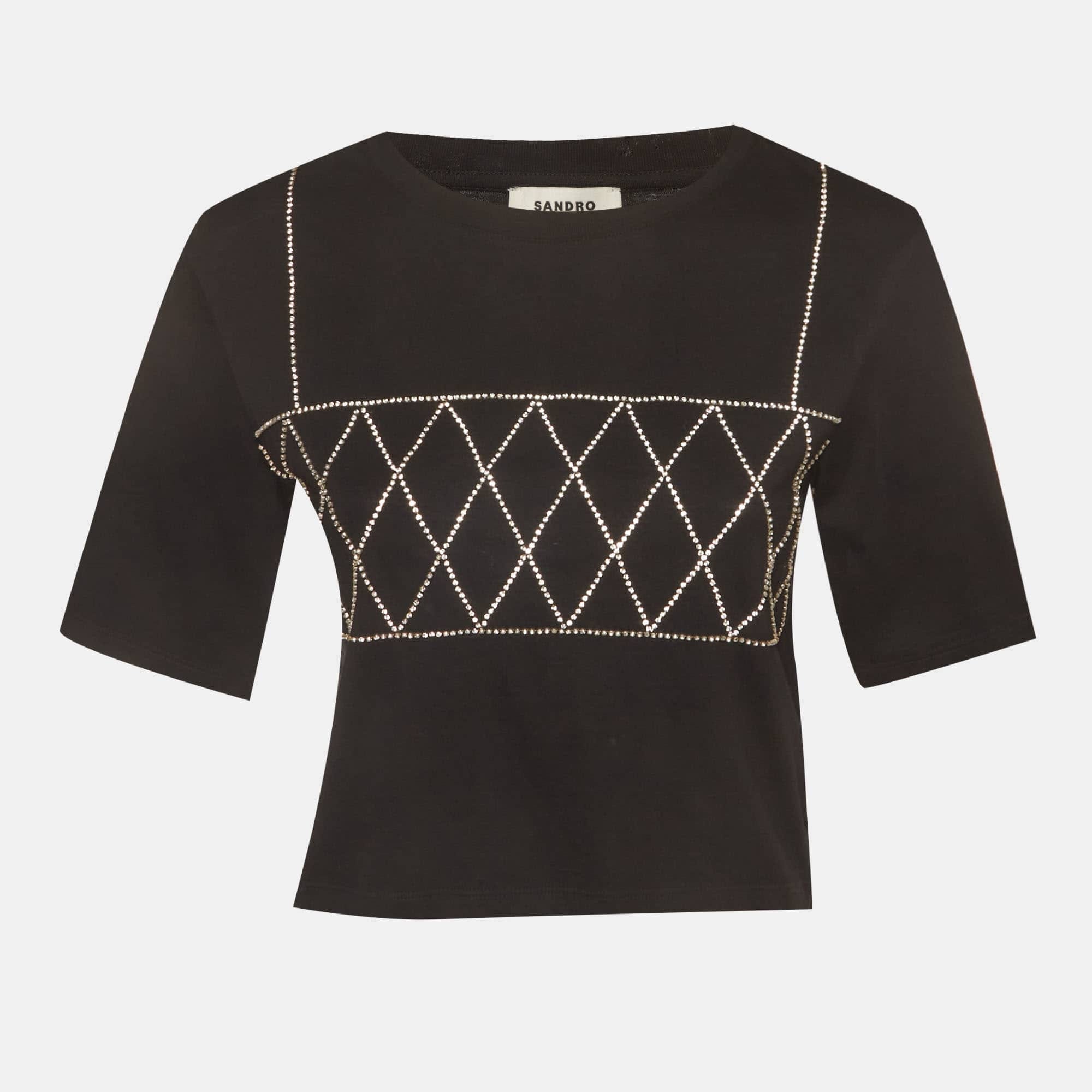 Sandro Black Jersey Rhinestone Cropped T - Shirt