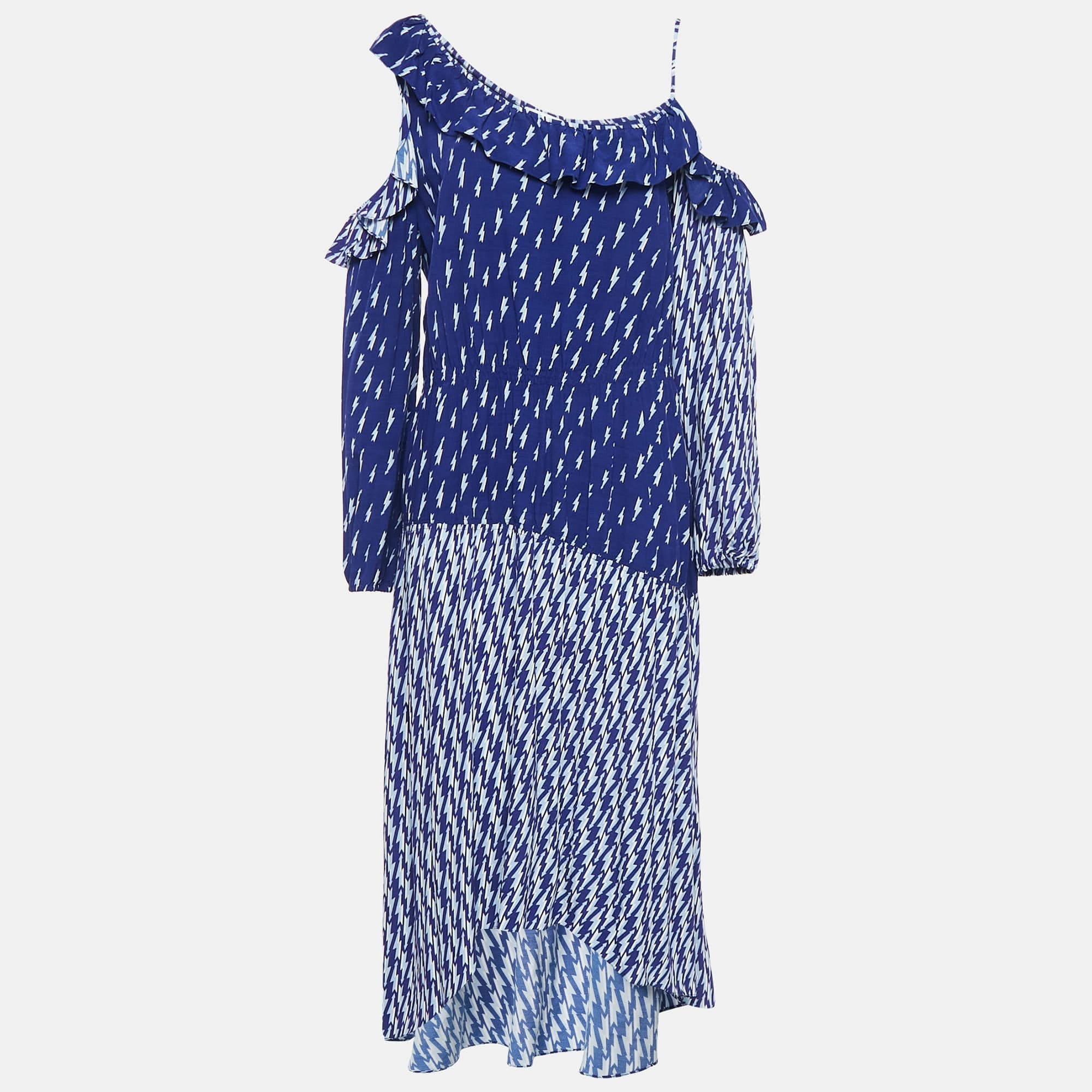 Sandro Blue Lighting Print Crepe Ruffled Cold Shoulder Midi Dress