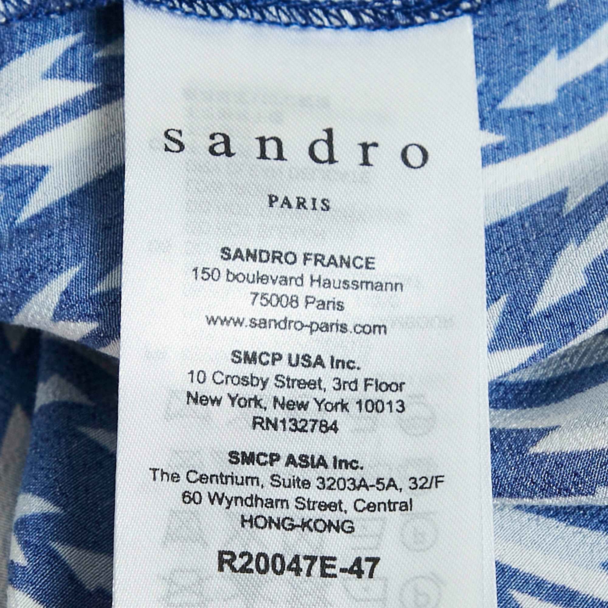 Sandro Blue Lighting Print Crepe Ruffled Cold Shoulder Midi Dress