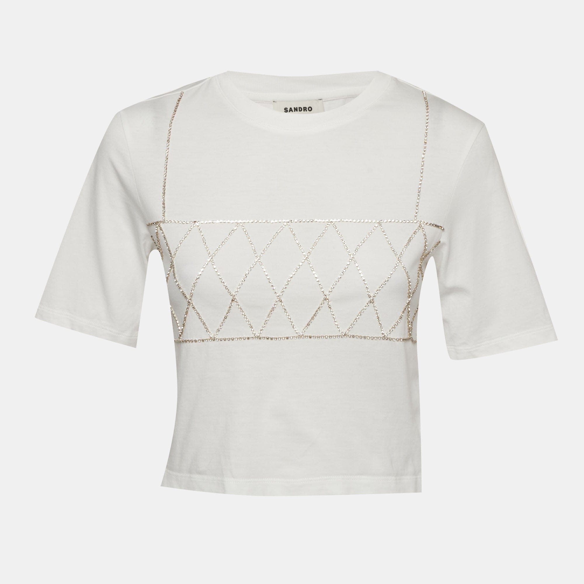 Sandro White Crystal Embellished Jersey Cropped T - Shirt