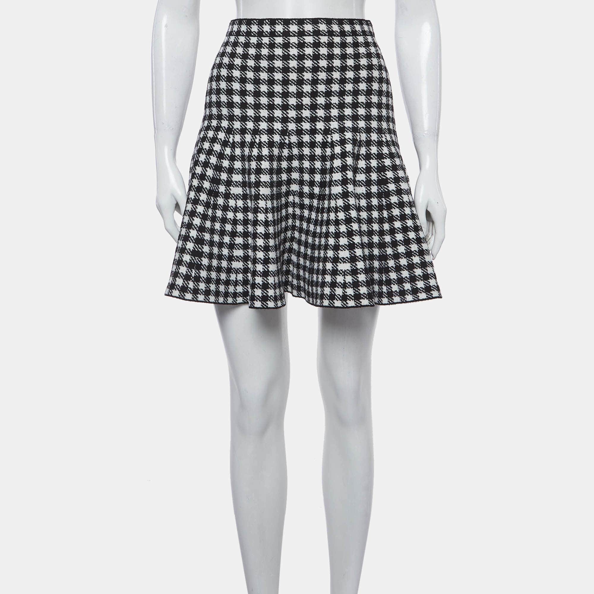 Sandro Black/white Houndstooth Knit Velvet Skater Mini Skirt