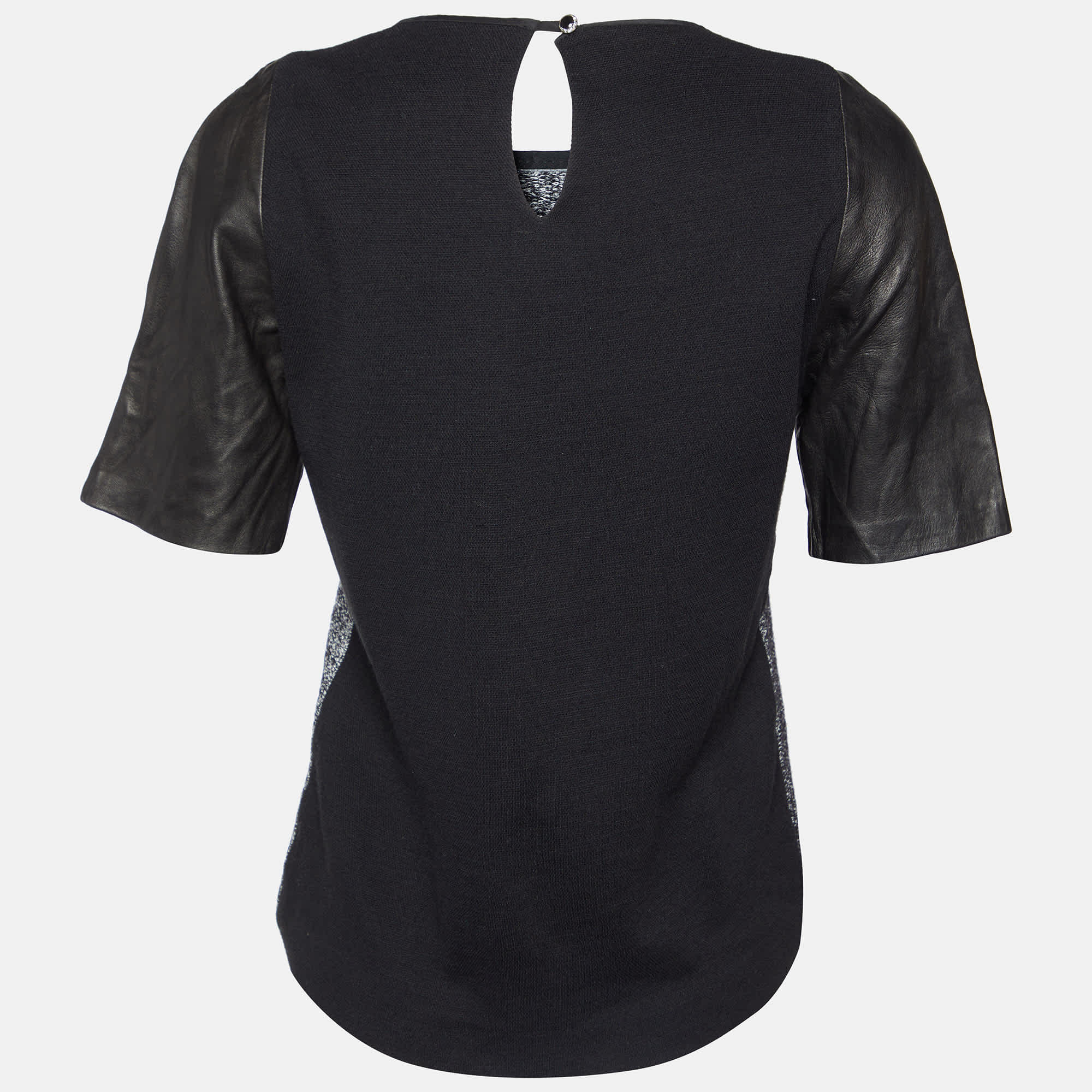 Sandro Black Terry & Leather Short Sleeve Blouse