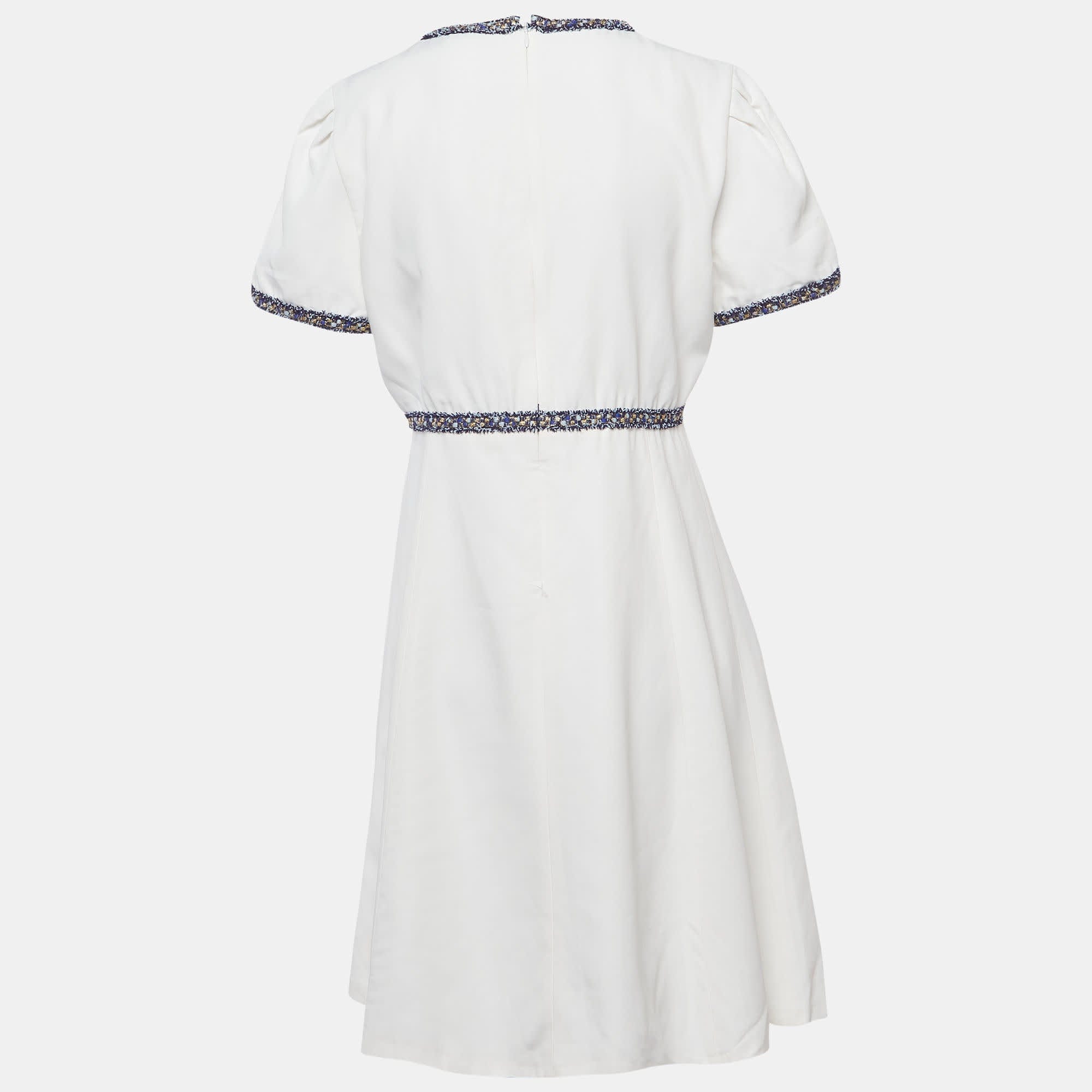 Sandro White Crepe Tweed Trim Mini Dress