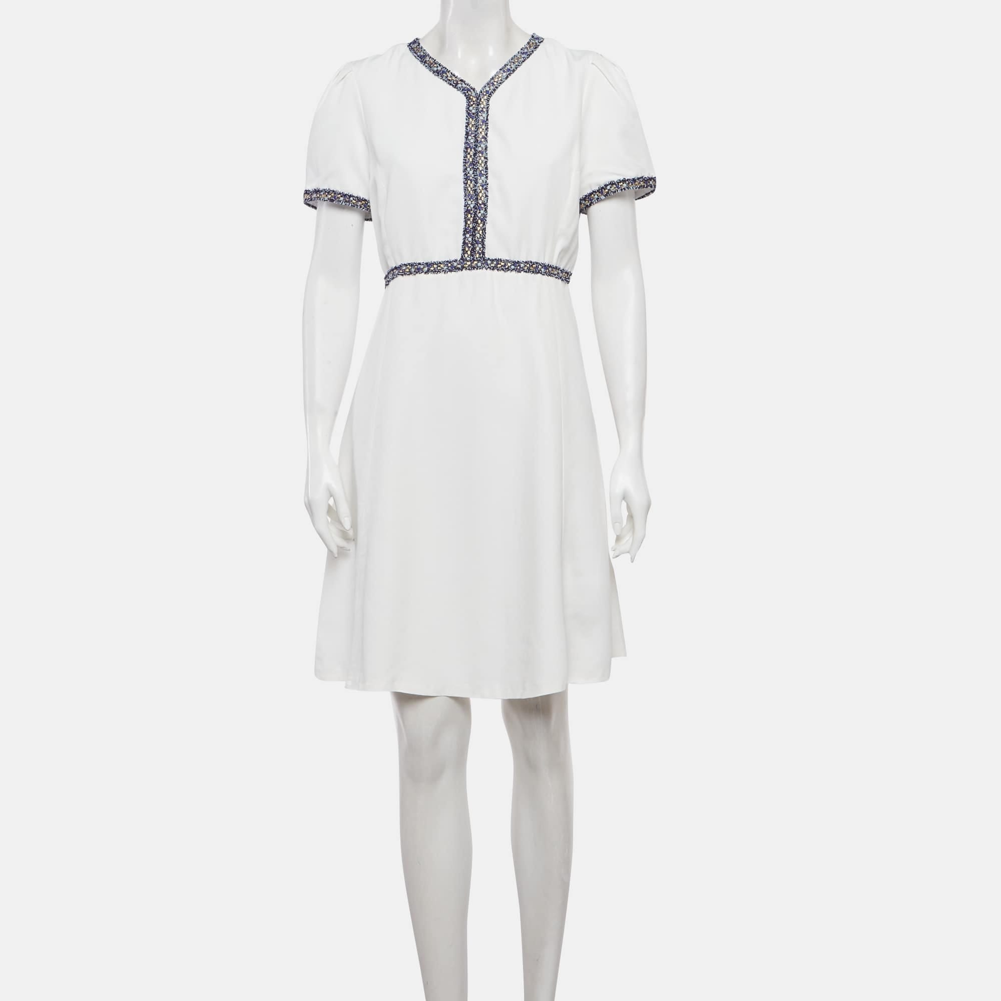 Sandro White Crepe Tweed Trim Mini Dress