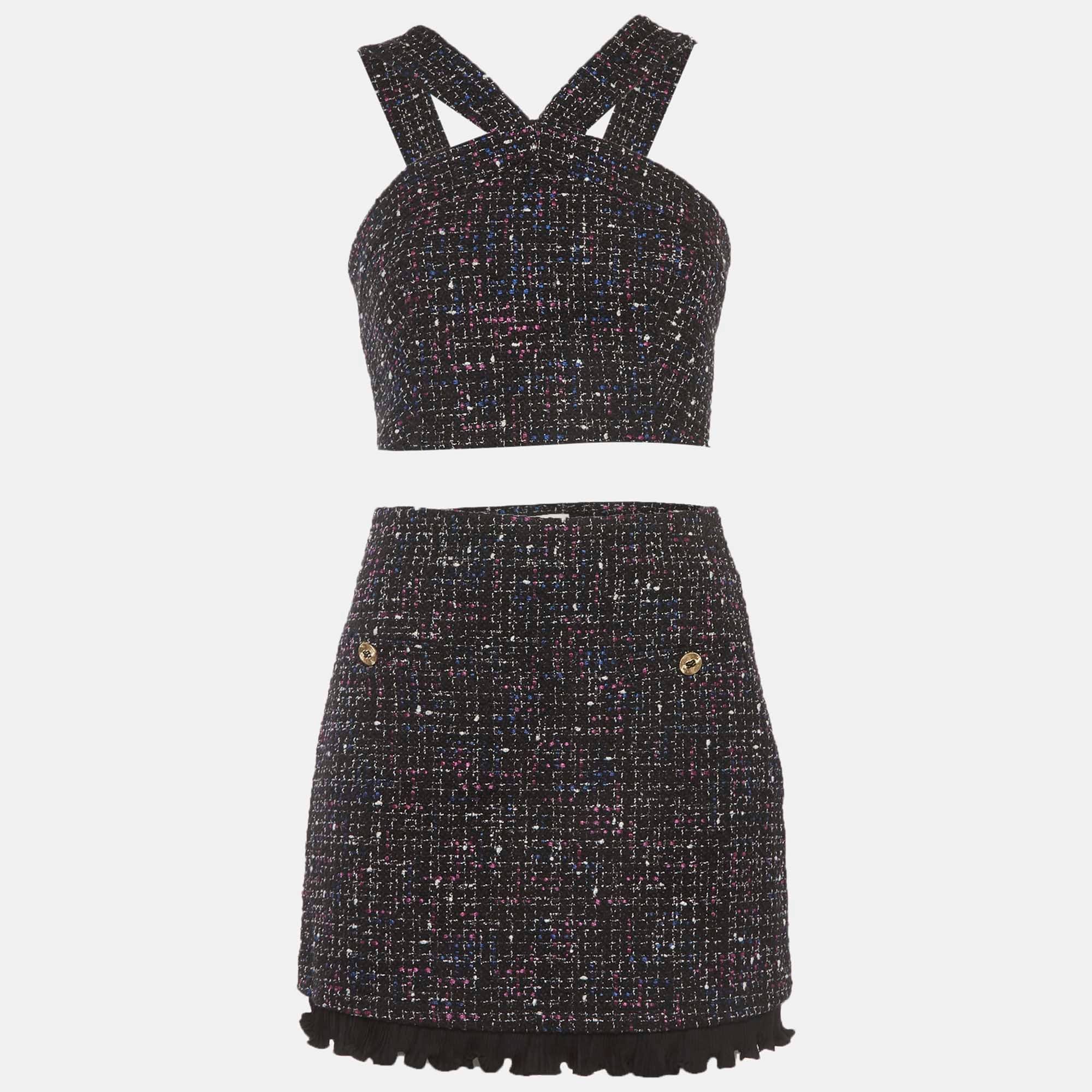 Sandro Black Tweed Crisscross Crop Top And Mini Skirt Set