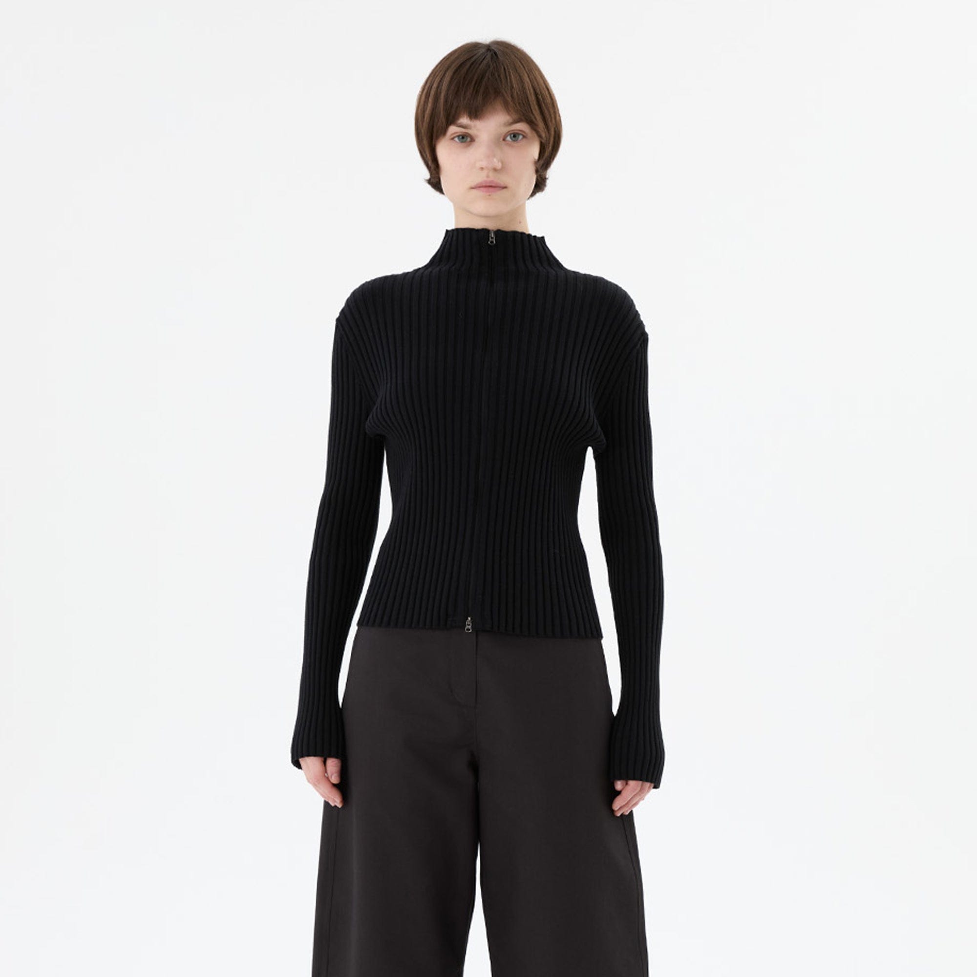 Amomento Womens Ribbed High Neck Zip Up
