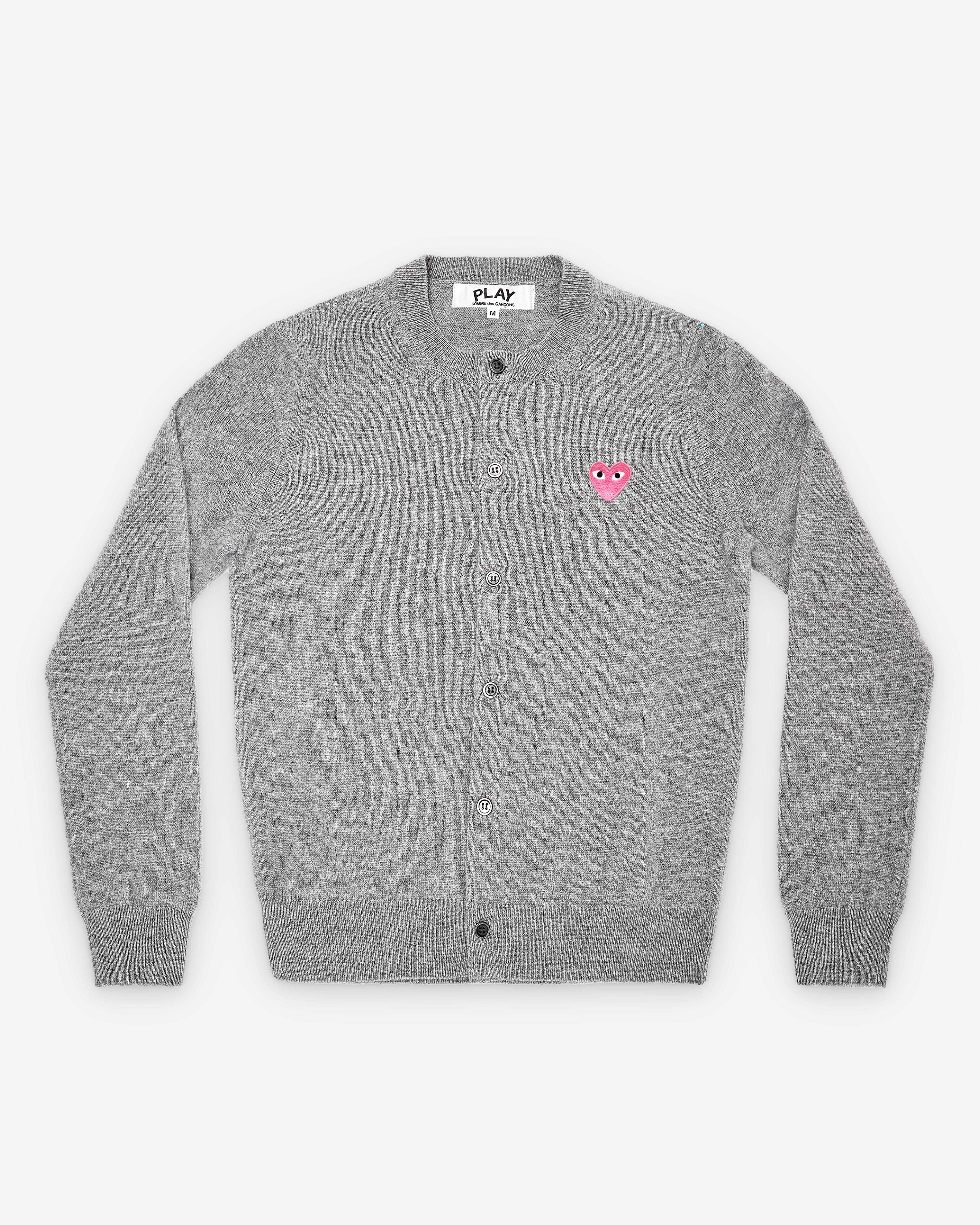 Comme des Garçons PLAY Play - Small Pink Heart Round Neck Cardigan - (Light Grey)