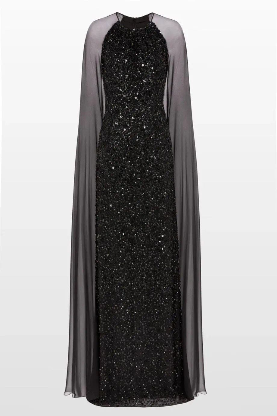 Jenny Packham Elite Sequins Embellished Cape Evening Gown in Black